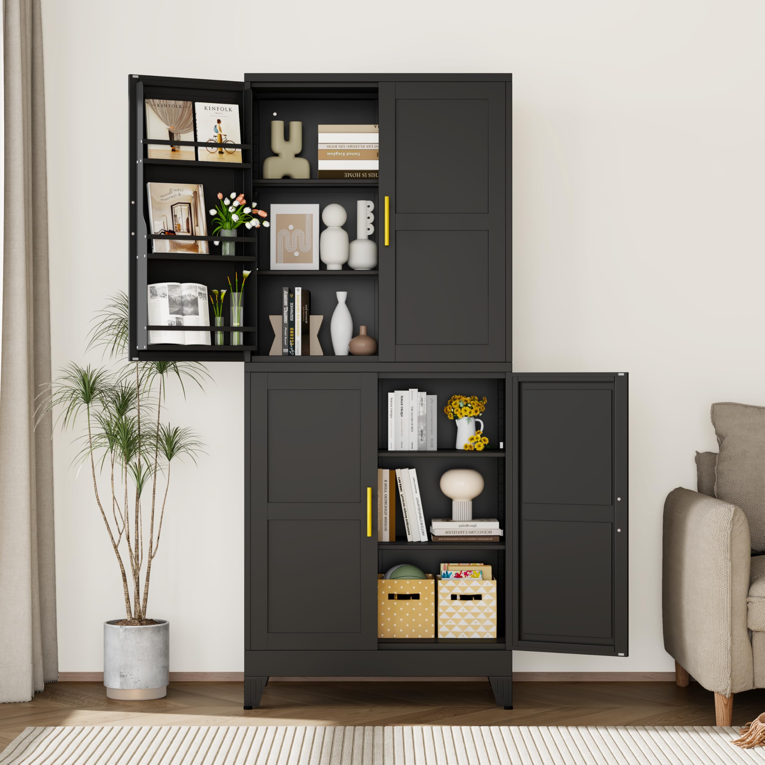 GAIOUS Metal Pantry Cabinet, Kitchen Pantry Storage Cabinets with 2 Door and 3 Adjustable Shelves, White Kitchen Pantry Cabinet, Freestanding Cupboard for Dining Room Living Room Bathroom