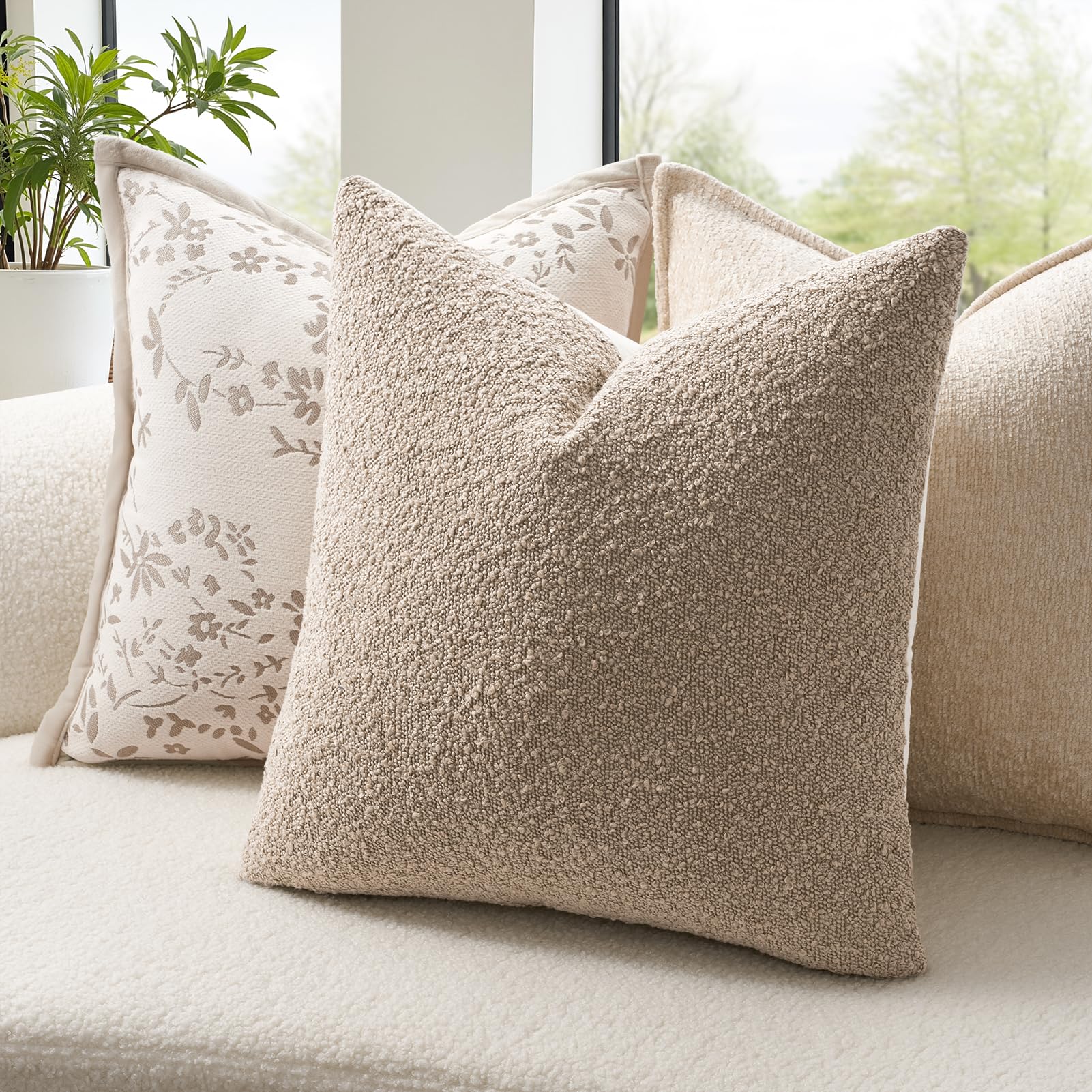 Topfinel Boucle Decorative Pillow Covers 18x18 Inches Set of 4 Neutral Cream Ivory White Pillowcase with Linen Cotton Back Chair Sofa Modern & Minimal Living Room Spring Home Decor