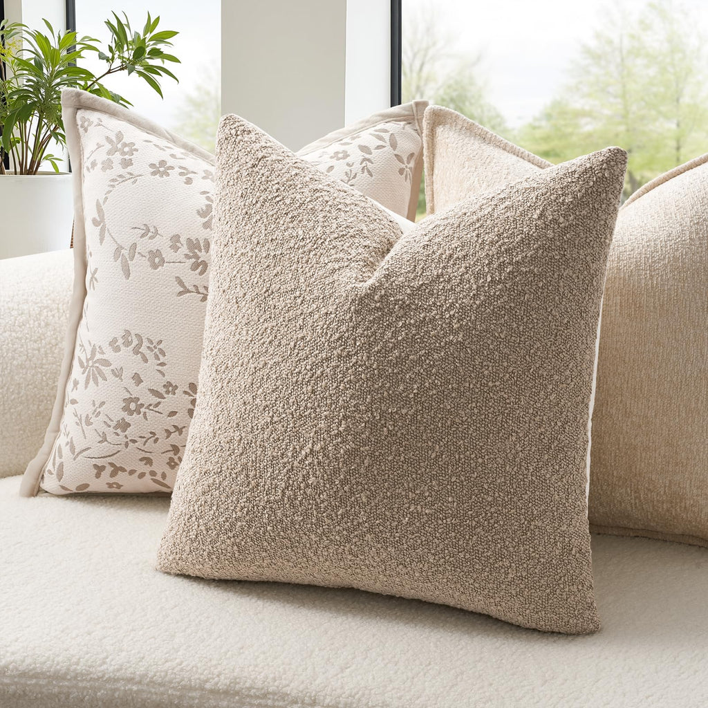 Topfinel Boucle Decorative Pillow Covers 18x18 Inches Set of 4 Neutral Cream Ivory White Pillowcase with Linen Cotton Back Chair Sofa Modern & Minimal Living Room Spring Home Decor