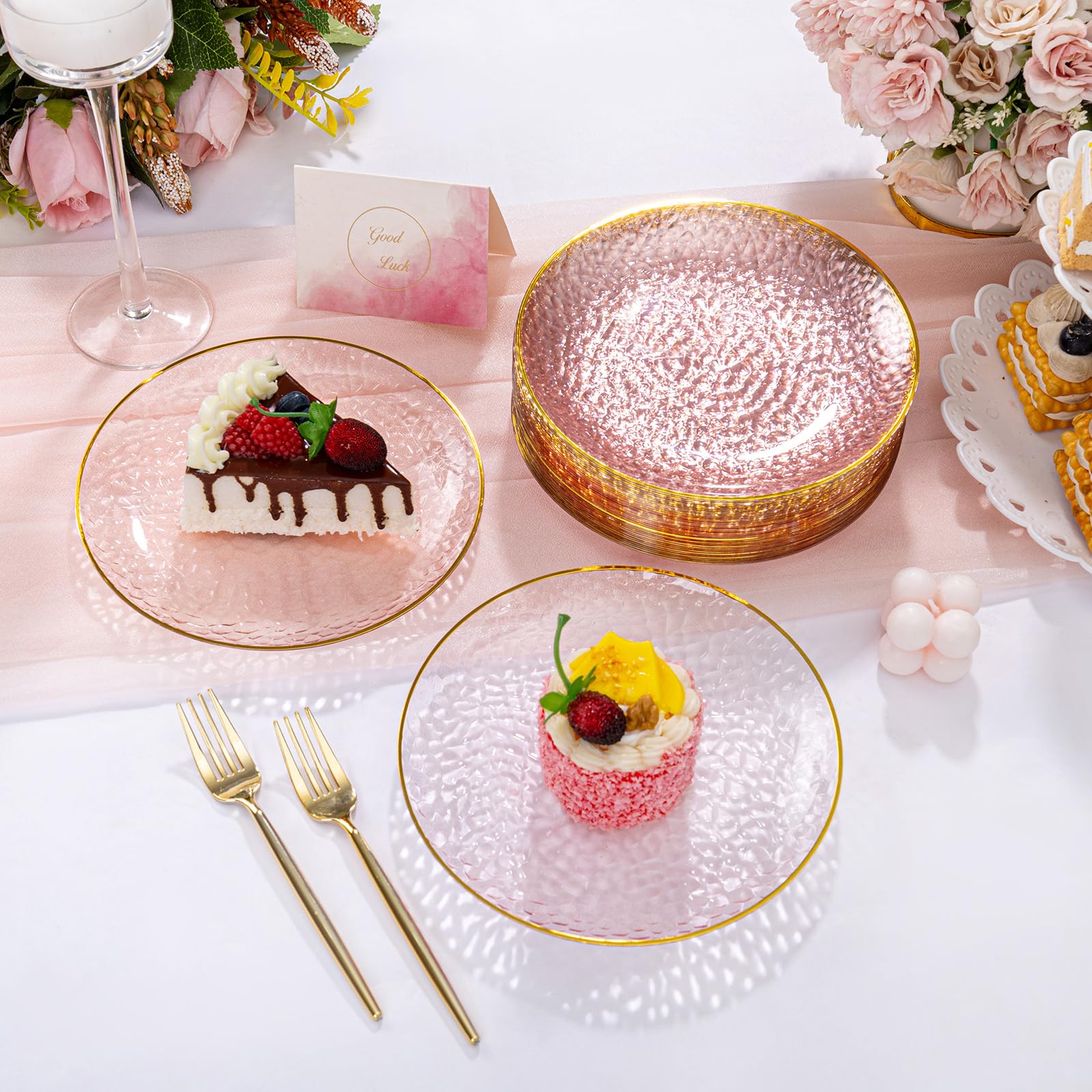 DaYammi 240Pcs Gold Plastic Plates Including 120Pcs Dessert Plates and 120Pcs Cake Forks,Hammered Party Plate,Clear Gold Appetizer plates Heavy duty Disposable Plastic Plate for Party Wedding Birthday
