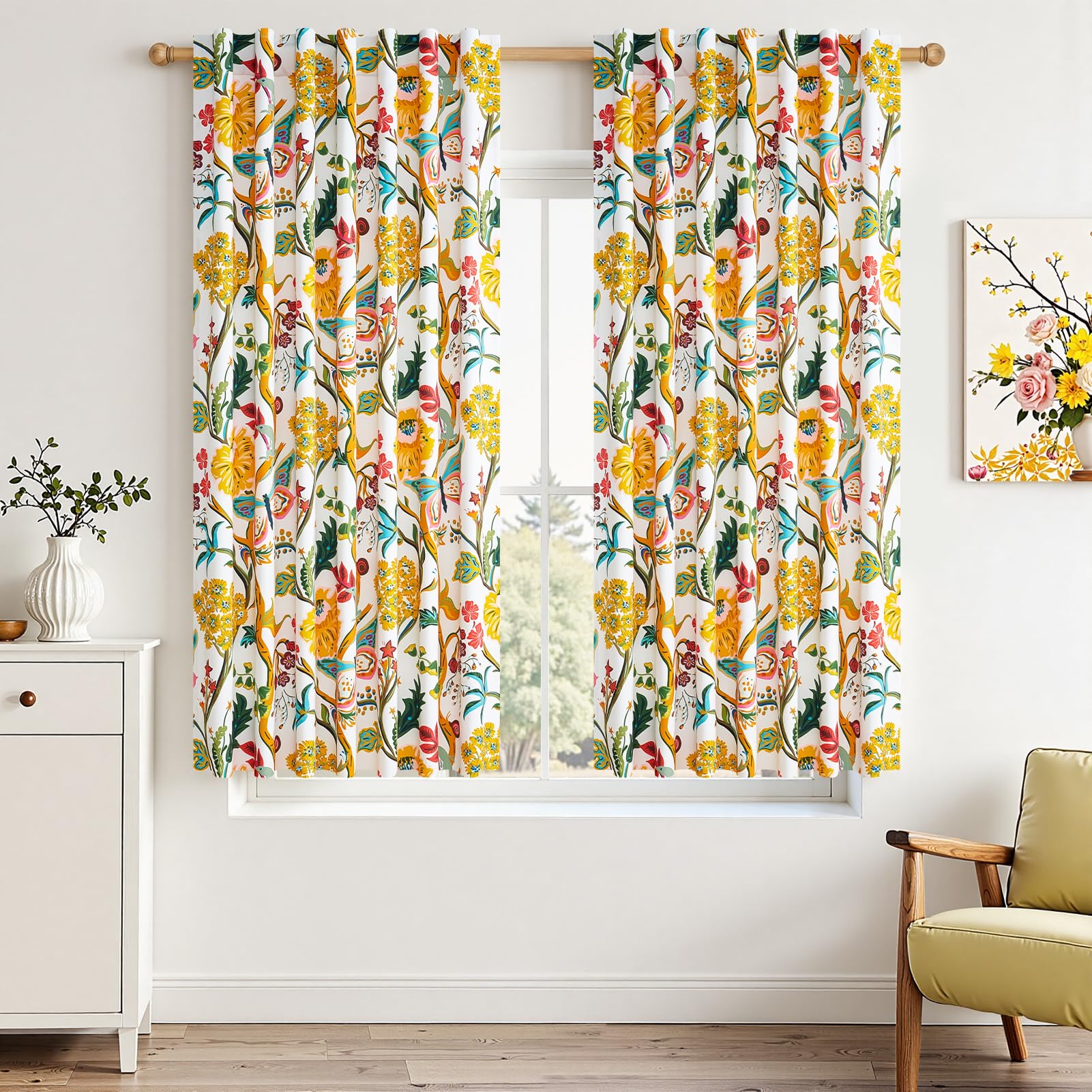 Topfinel Mustard Yellow Curtains 84 Inches Long 2 Panels for Bedroom Living Room Daffodil Butterfly Country Tropical Floral Drapes Vintage Farmhouse Light Filtering Privacy Window Curtain Blackout