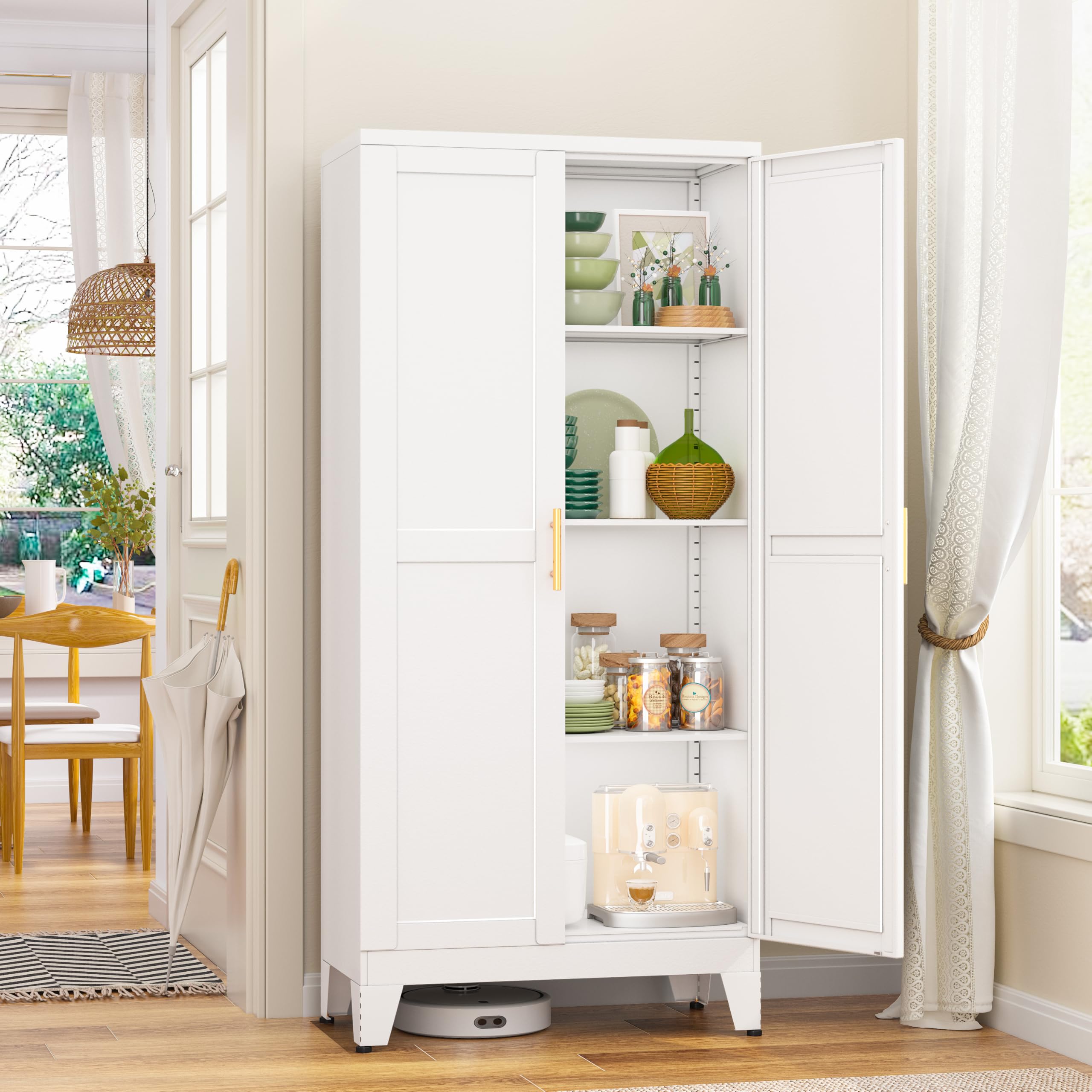 GAIOUS Metal Pantry Cabinet, Kitchen Pantry Storage Cabinets with 2 Door and 3 Adjustable Shelves, White Kitchen Pantry Cabinet, Freestanding Cupboard for Dining Room Living Room Bathroom