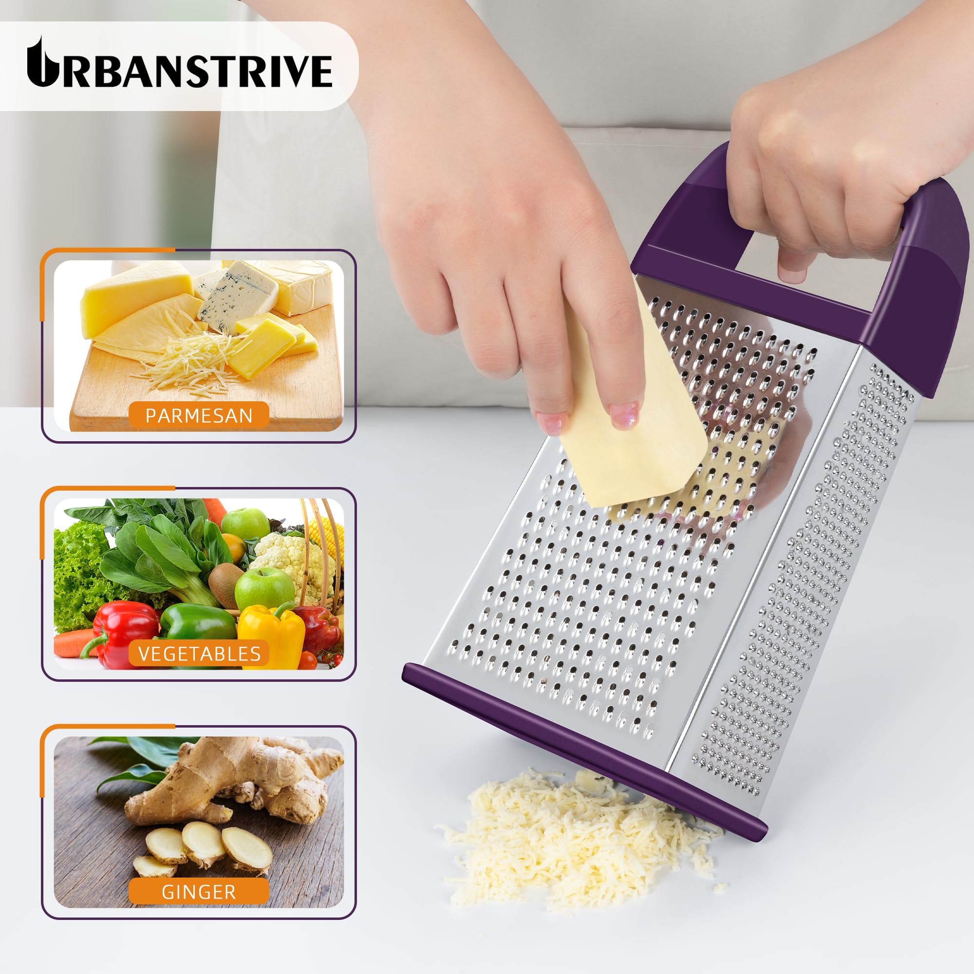 Urbanstrive Cheese Grater With Container Box Grater Stainless Steel Graters for Kitchen Cheese Shredder Parmesan Shredder Kitchen Gadgets Kitchen Tools Kitchen Gifts for Chef Dishwasher Safe Zester
