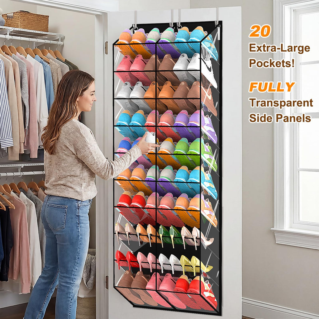 UVIAHOMI 20-30 Pairs Over the Door Shoe Organizer, Clear Pockets Hanging Shoe Storage for Closet, 10-Tier Door Shoes Rack, Handing Shoes Holder Fit All the Family's Sneakers, Boots, Heels, Black