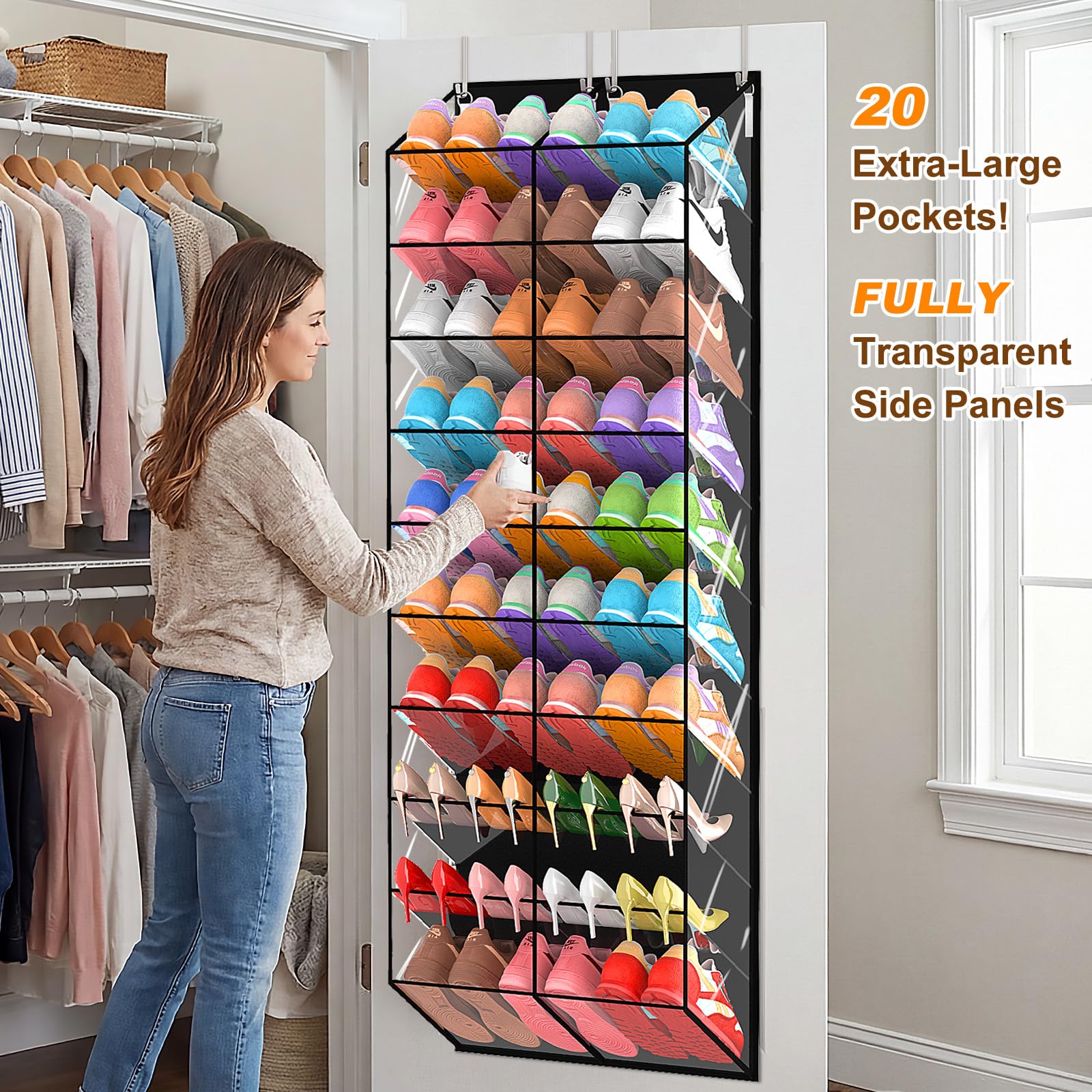 UVIAHOMI 20-30 Pairs Over the Door Shoe Organizer, Clear Pockets Hanging Shoe Storage for Closet, 10-Tier Door Shoes Rack, Handing Shoes Holder Fit All the Family's Sneakers, Boots, Heels, Black