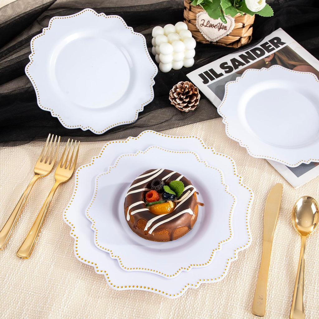 COLOSUS 60PCS White Plastic Plates for 30 guests-Fancy Plastic Beaded Plates,Plastic Plates for Party, Elegant White plates,Include 30 PCS 10.5" Dinner plates & 30PCS 8.25" Dessert plates for easter