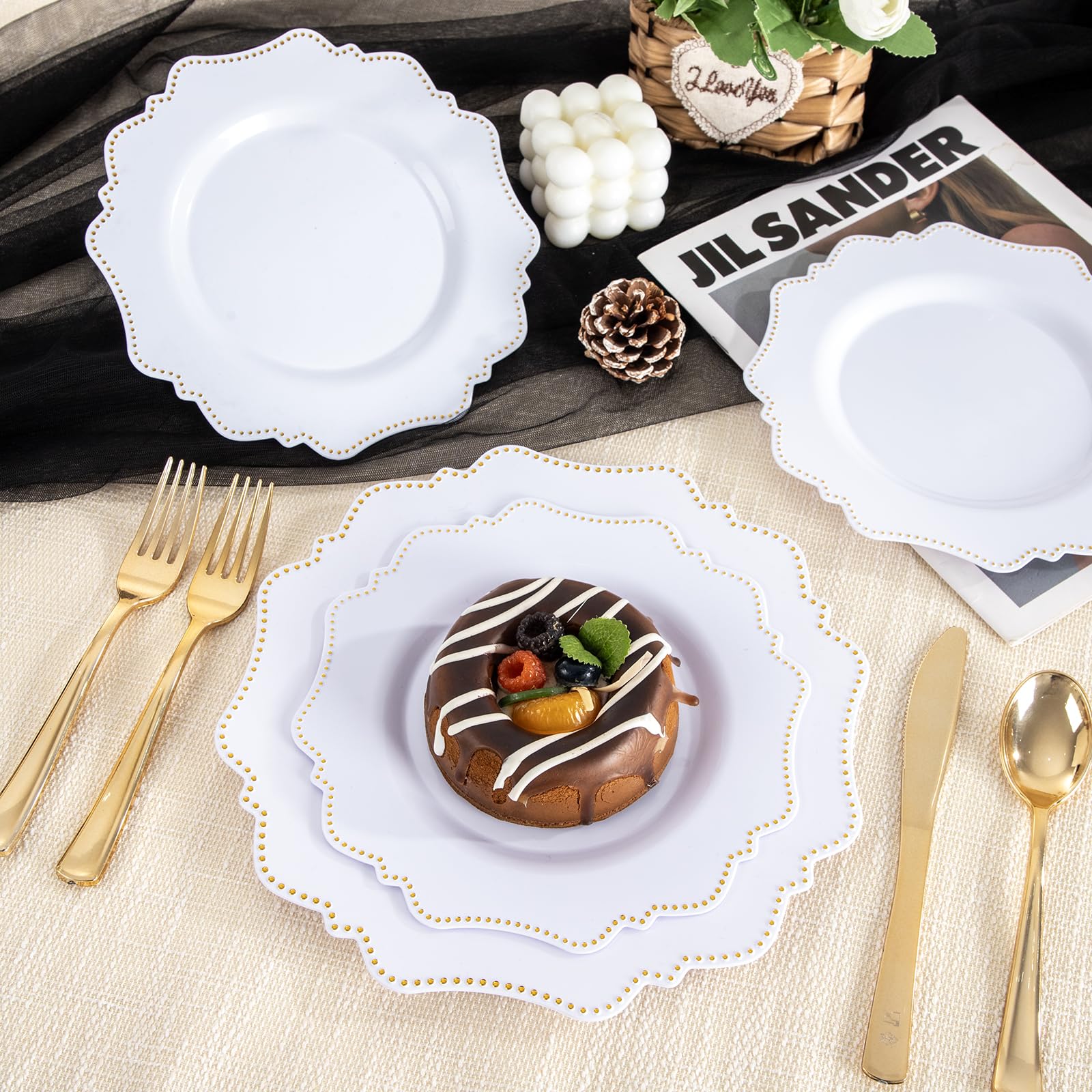 COLOSUS 60PCS White Plastic Plates for 30 guests-Fancy Plastic Beaded Plates,Plastic Plates for Party, Elegant White plates,Include 30 PCS 10.5" Dinner plates & 30PCS 8.25" Dessert plates for easter