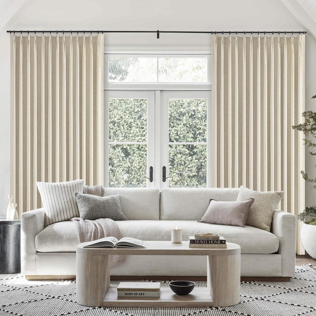 Topfinel Extral Wide Custom Sliding Door Curtains, Cream Beige Pinch Pleated 100% Blackout Linen Luxury Curtains with Hooks for Patio Large Window Living Room Track, 72" Wx84 L 2 Panel