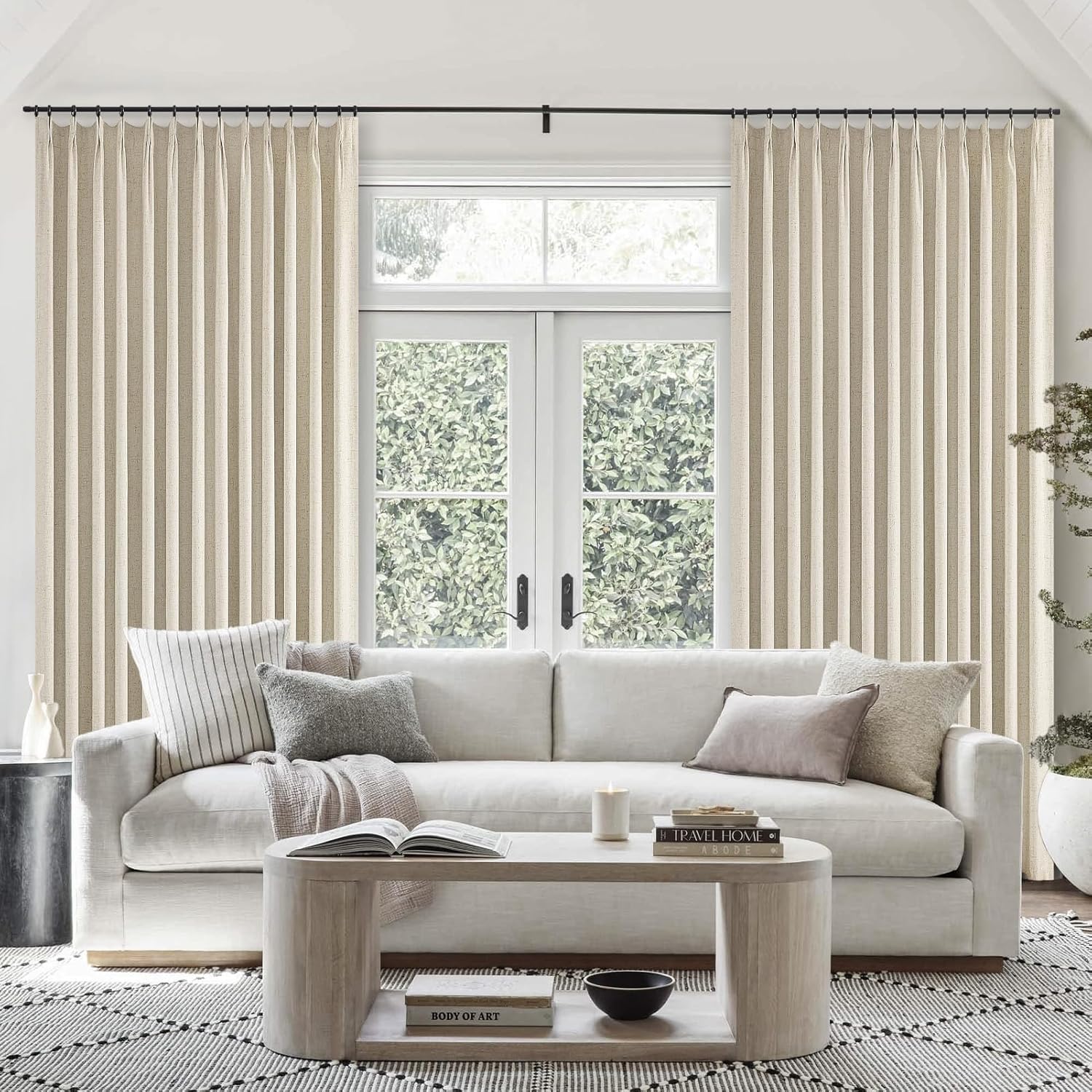 Topfinel Extral Wide Custom Sliding Door Curtains, Cream Beige Pinch Pleated 100% Blackout Linen Luxury Curtains with Hooks for Patio Large Window Living Room Track, 72" Wx84 L 2 Panel