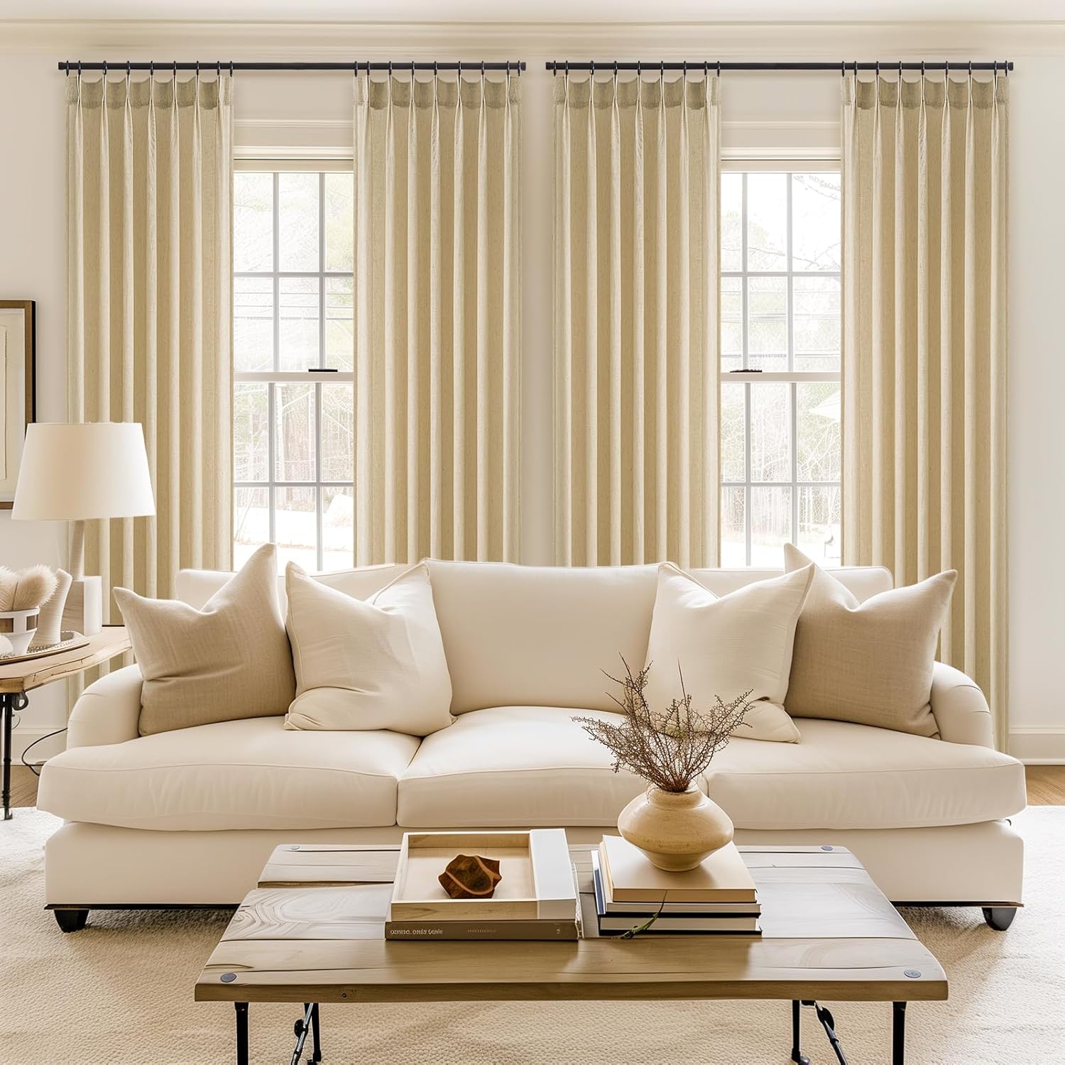 Topfinel Natural Linen Pinch Pleated Curtains 100 Inch Length 2 Panels for Bedroom,Textured Linen Farmhouse Boho Semi Sheer Window Curtain Back Tab Pinch Pleat Drapes with Hooks 100 Inches Long