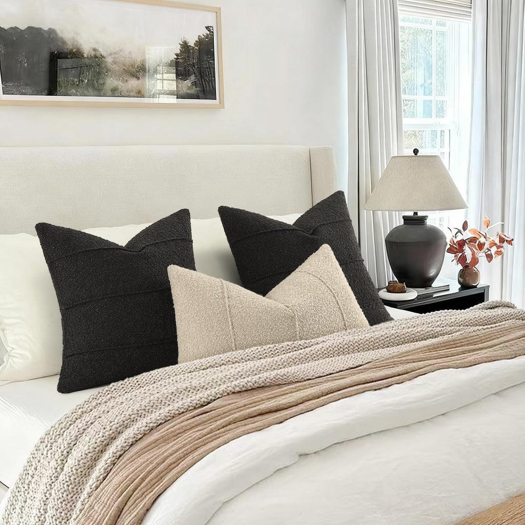 YCOLL Textured Boucle Throw Pillow Covers 20x20 Pack of 2 - Soft Neutral Striped Cushion Covers, Cozy Accent Decorative Pillow Covers for Couch, Sofa, Bed, Living Room (Beige)