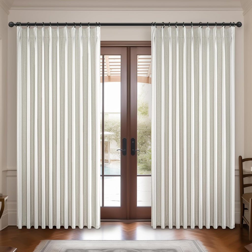 Natural Linen Pinch Pleated Blackout Curtains & Drapes 96 Inch Long Bedroom/Livingroom Farmhouse Curtains 2 Panel Sets, Neutral Track Room Darkening Thermal Insulated 8ft Back Tab Window Curtain
