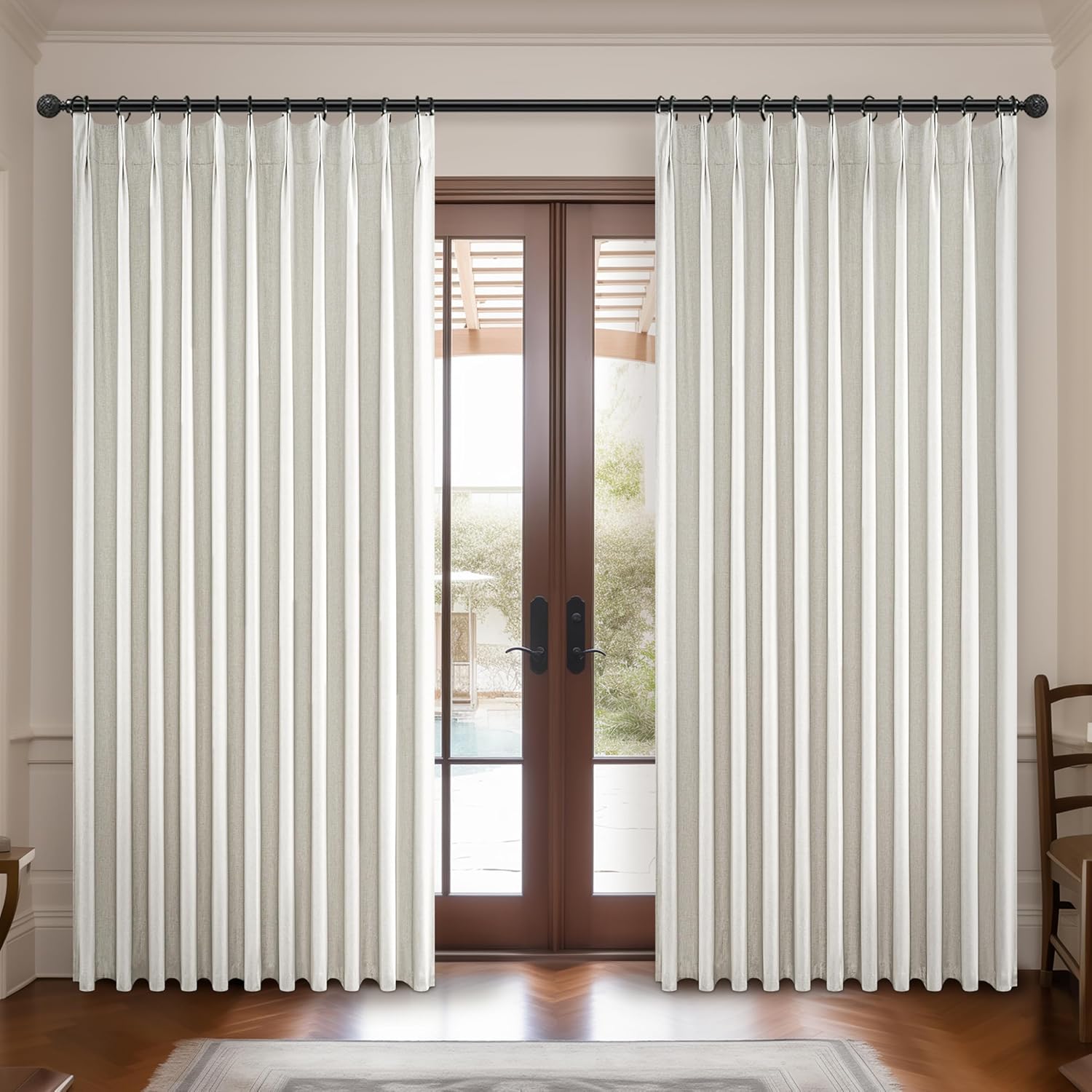 Natural Linen Pinch Pleated Blackout Curtains & Drapes 96 Inch Long Bedroom/Livingroom Farmhouse Curtains 2 Panel Sets, Neutral Track Room Darkening Thermal Insulated 8ft Back Tab Window Curtain