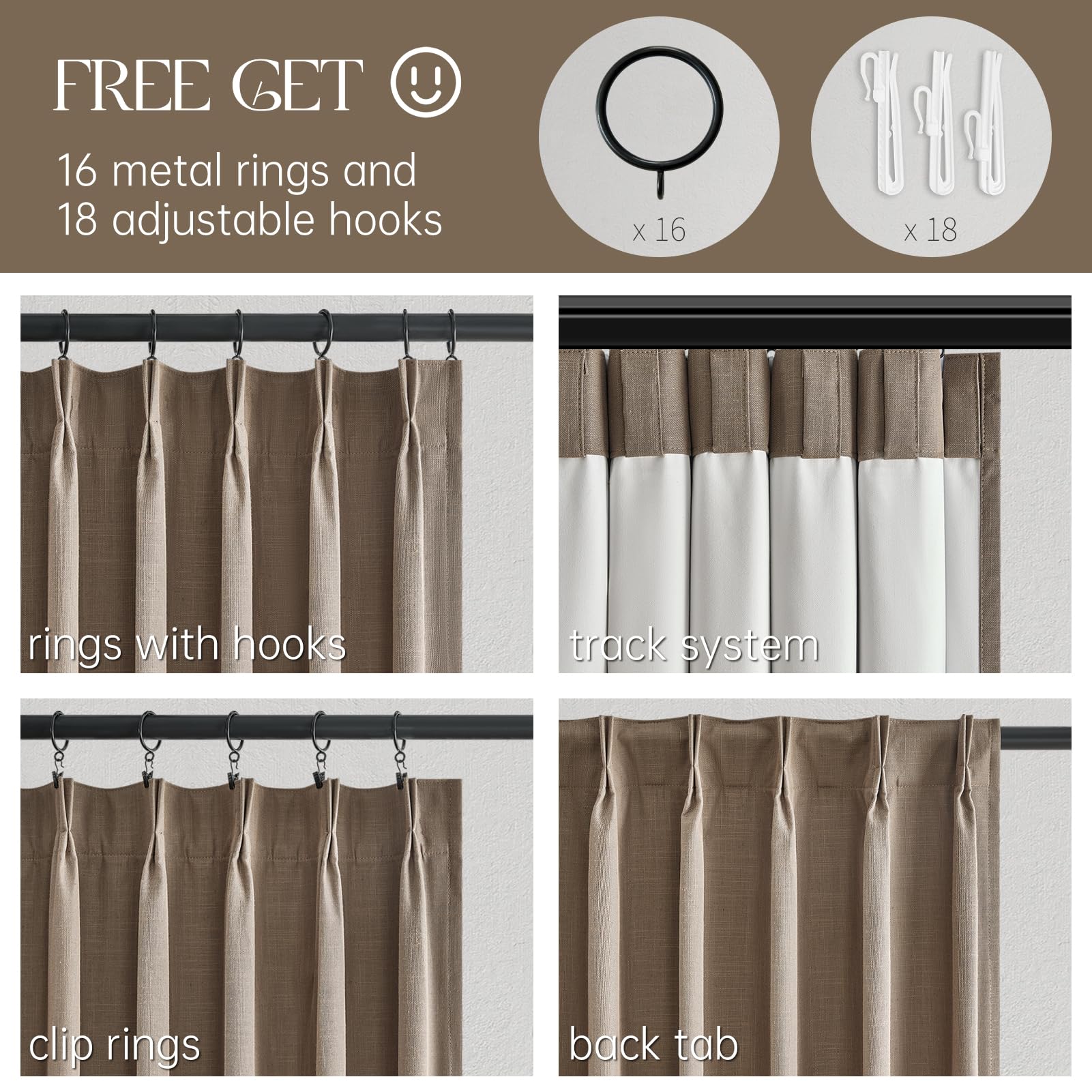 Topfinel Pinch Pleated Curtains 96 Inch Long, 100% Blackout Thermal Insulated Natural Linen Pinch Pleat Viral Drapes with Hooks Rings 2 Panel Sets, Neutral Beige Ivory 8FT Back Tab Window Curtains