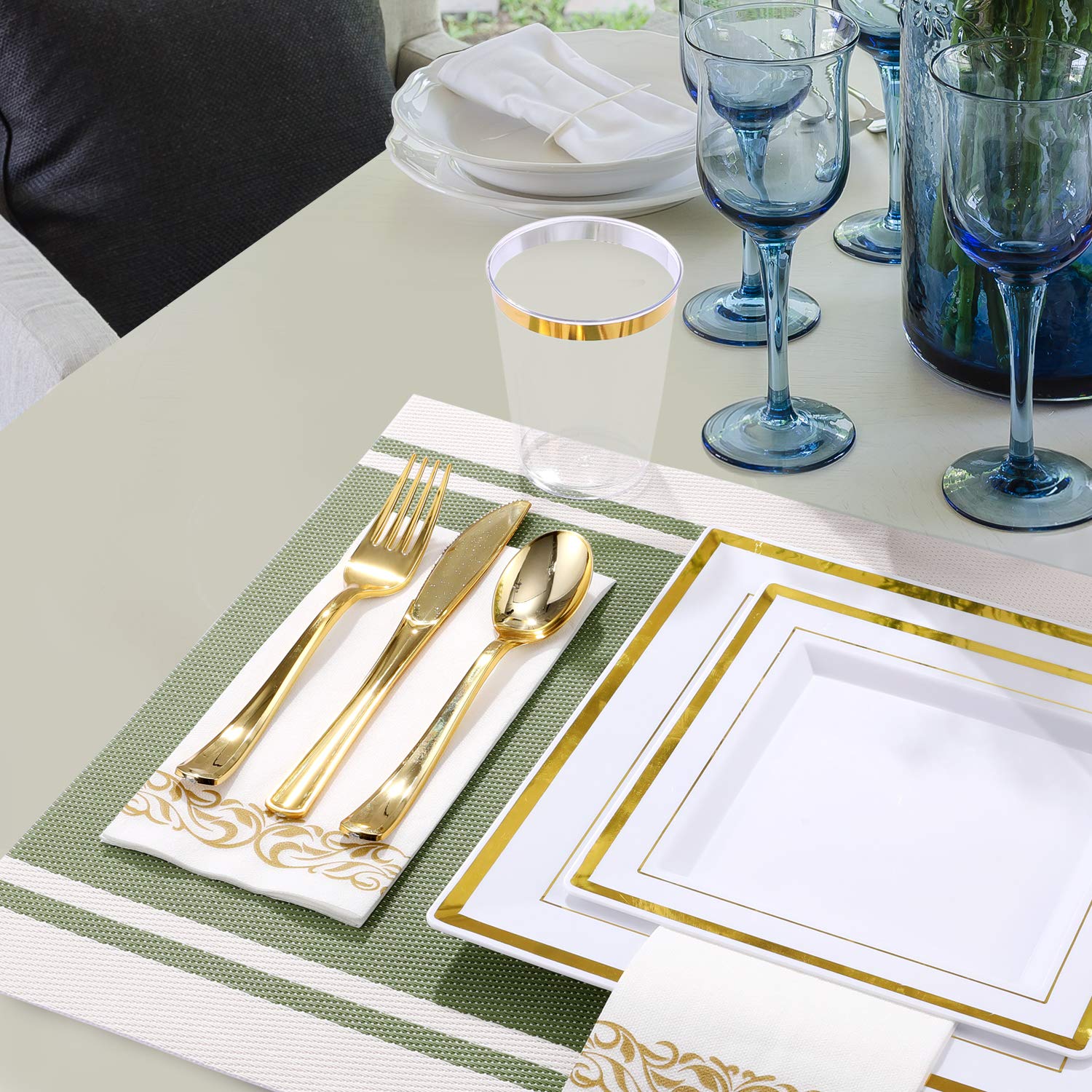 FOCUSLINE 350 Ct Disposable Dinnerware Set for 50 Guests -Heavy Duty Plastic Plates with Gold Rim, Includes 50 Dinner & Salad Plates, Cups, Napkins, Cutlery Set
