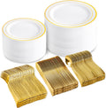 DaYammi 100 Guests Gold Plastic Dinnerware Sets, Includes: 100 Gold Rim Dinner Plates, 100 Salad Plates, 100 Gold Plastic Silverware Set, Perfect for Wedding