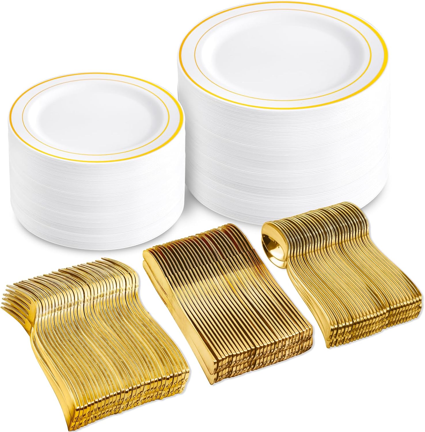 DaYammi 100 Guests Gold Plastic Dinnerware Sets, Includes: 100 Gold Rim Dinner Plates, 100 Salad Plates, 100 Gold Plastic Silverware Set, Perfect for Wedding