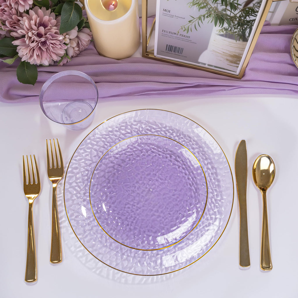 DaYammi 350PCS Clear Gold Plastic Dinnerware Set for 50 Guests, Hammered Disposable Plates for Party, Include: 50 Dinner Plates, 50 Dessert Plates, 150 Gold Silverware, 50 Napkins, 50 Cups