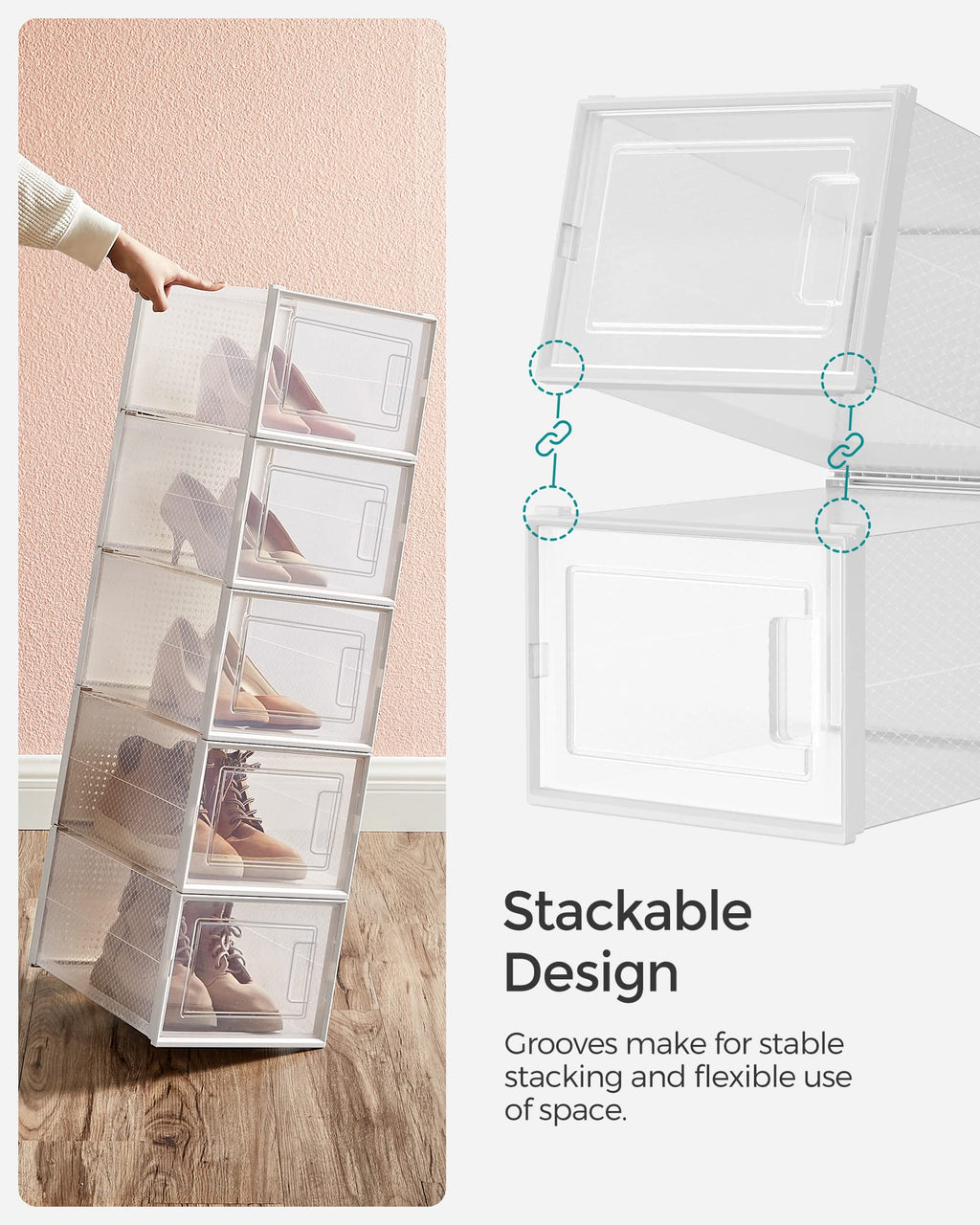 SONGMICS Shoe Boxes, Pack of 12 Shoe Storage Organizers, Stackable Clear Plastic Boxes for Closet, Sneakers, 13.1 x 9.1 x 5.6 Inches, Transparent and White ULSP12SWT