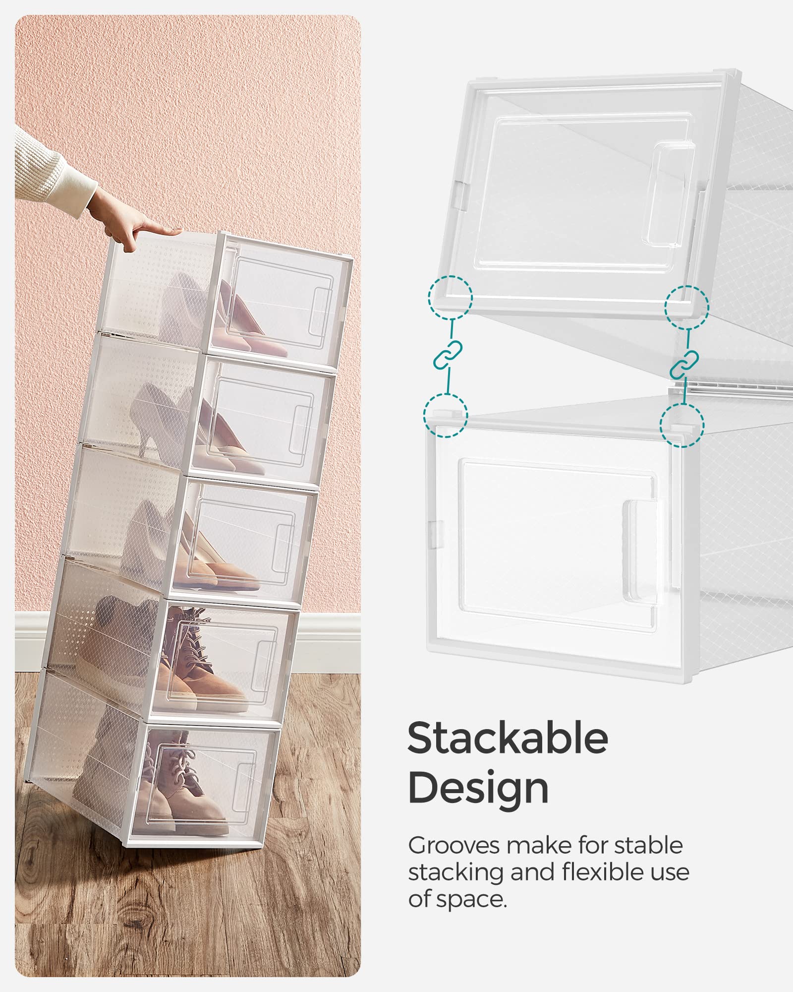 SONGMICS Shoe Boxes, Pack of 12 Shoe Storage Organizers, Stackable Clear Plastic Boxes for Closet, Sneakers, 13.1 x 9.1 x 5.6 Inches, Transparent and White ULSP12SWT