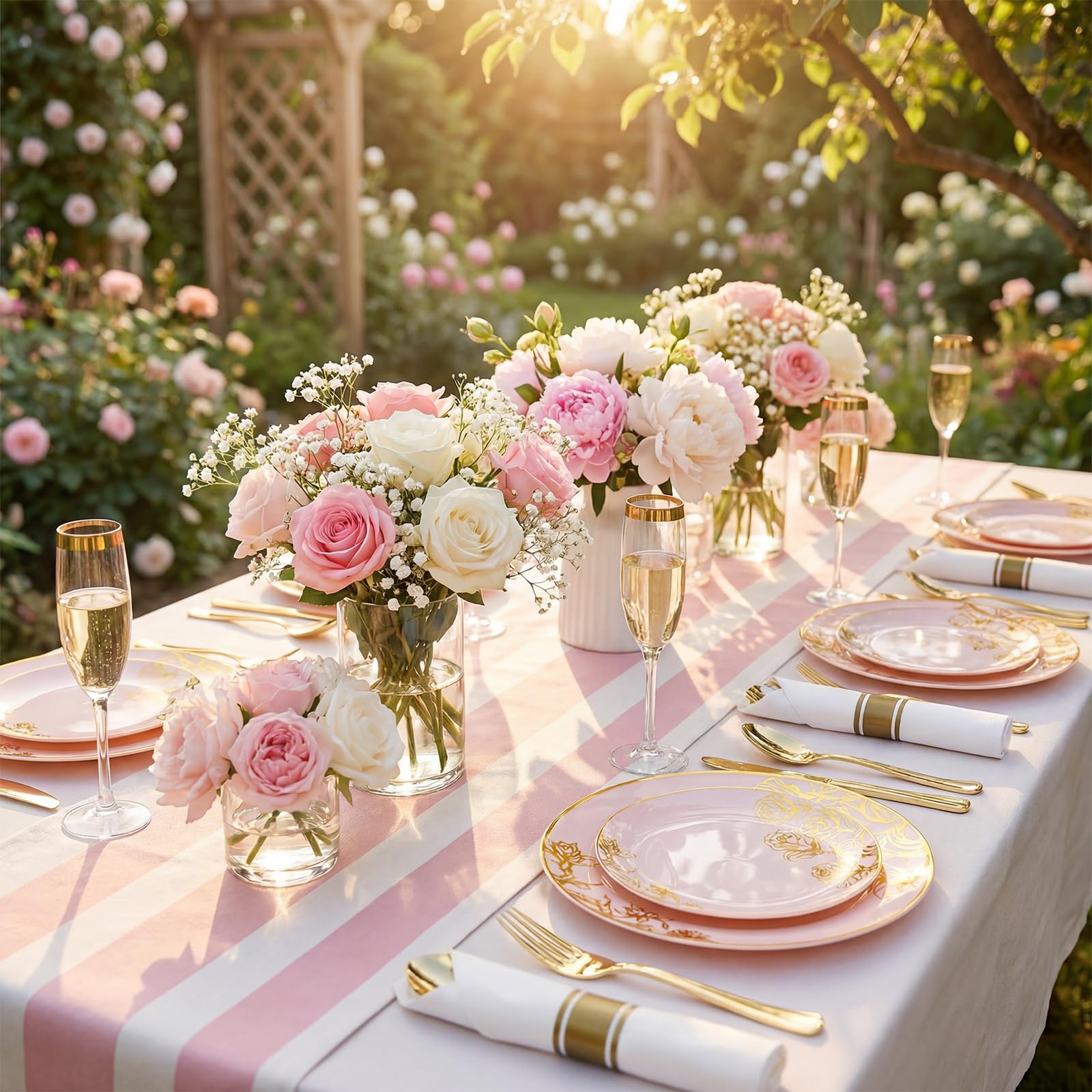 DaYammi 210Pcs White Gold Plastic Plates for Party,Gold Disposable Dinnerware Set Includes 60 gold Floral Plates,30 Plastic Silverware,30 Per Rolled Napkins,30 Cups for Mother's Day Party Wedding