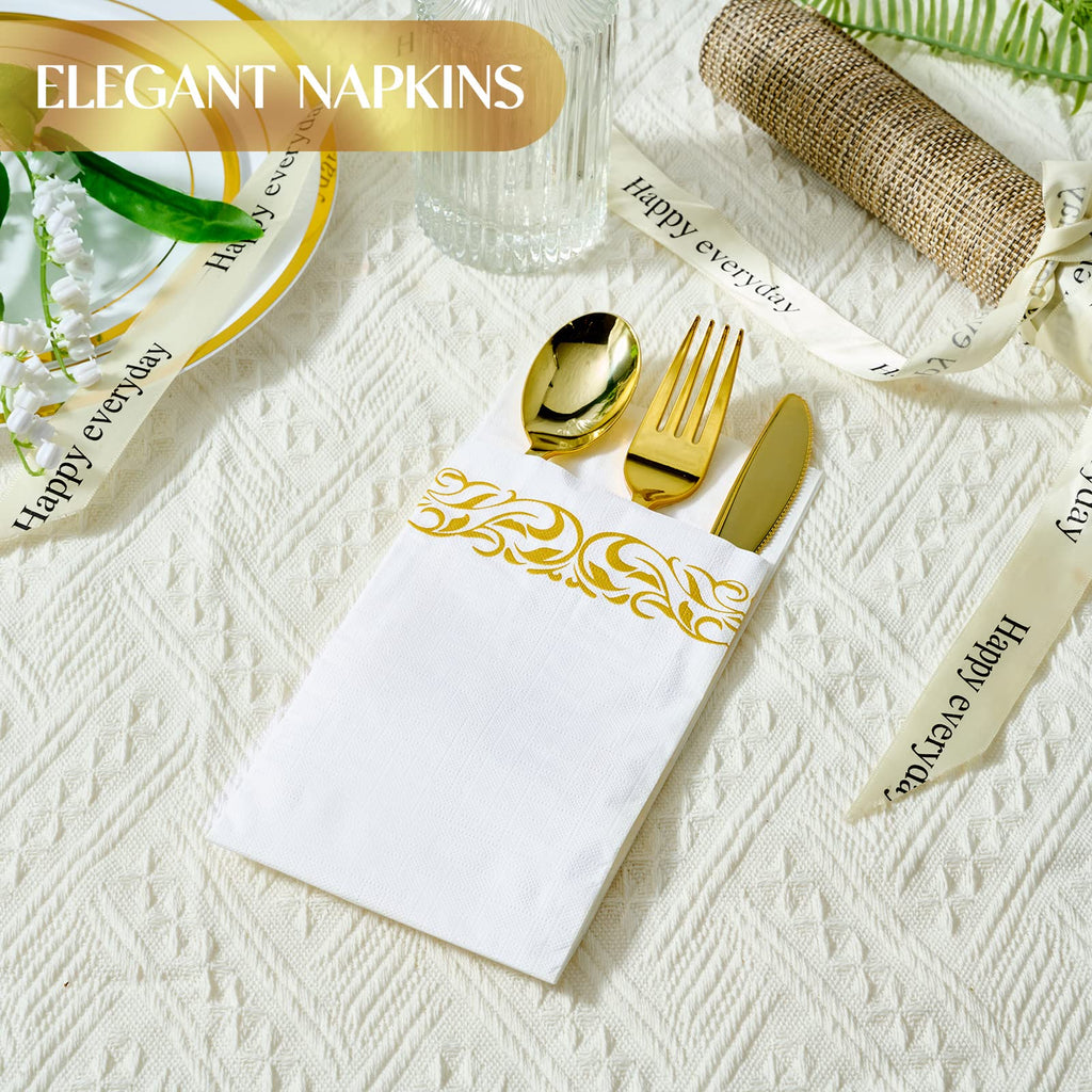 Vplus 600 Pack Paper Napkins Guest Towels Disposable Premium Quality 3-ply Dinner Napkins Disposable Soft, Absorbent, for Kitchen, Wedding, Parties, Dinners or Events(Gold)