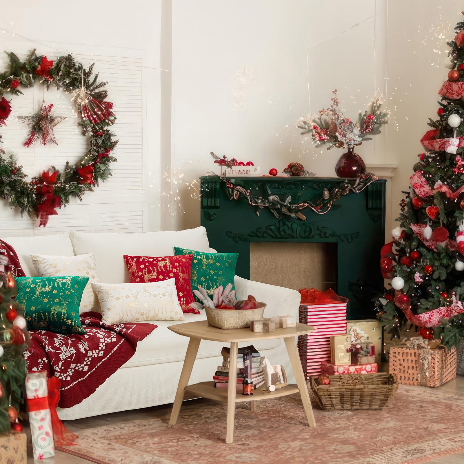 Topfinel Christmas Pillow Covers 18x18 Set of 2,Xmas Cream Velvet Snowflake Reindeer Decorative Pillow Case Winter Holiday Decor for Home Couch,White and Gold