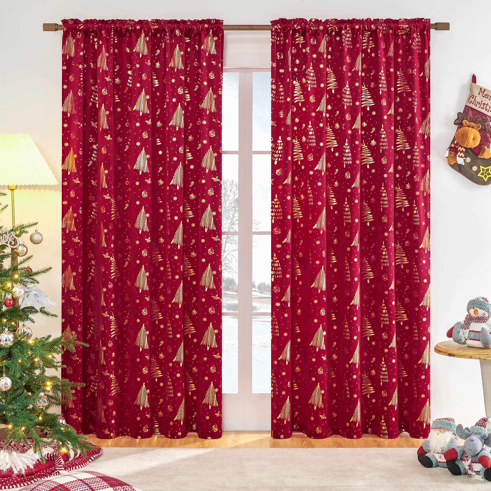 96 inches Long Red christmas curtains velvet for Living Room, Printed with Grinch & Tree Pattern Thermal Insulated Blackout Curtains drapes for winter 96 inch length 2 Panels Set cortinas navideas