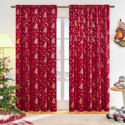 96 inches Long Red christmas curtains velvet for Living Room, Printed with Grinch & Tree Pattern Thermal Insulated Blackout Curtains drapes for winter 96 inch length 2 Panels Set cortinas navideas