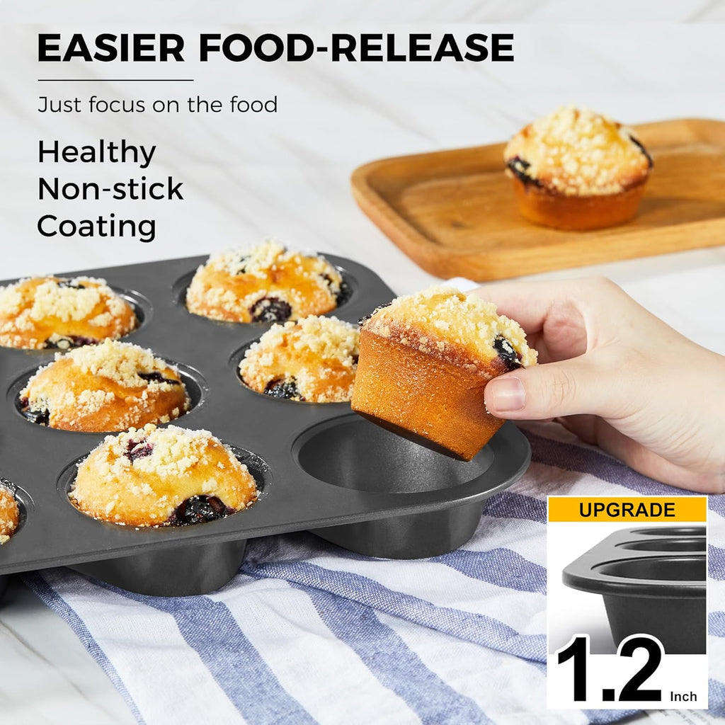 HONGBAKE Muffin Pan for Baking, Nonstick Cupcake Tin 12 Cup, 4 Pack Cup Cake Tray, Premium Cheesecake Pans, Dishwasher Safe - Dark Grey