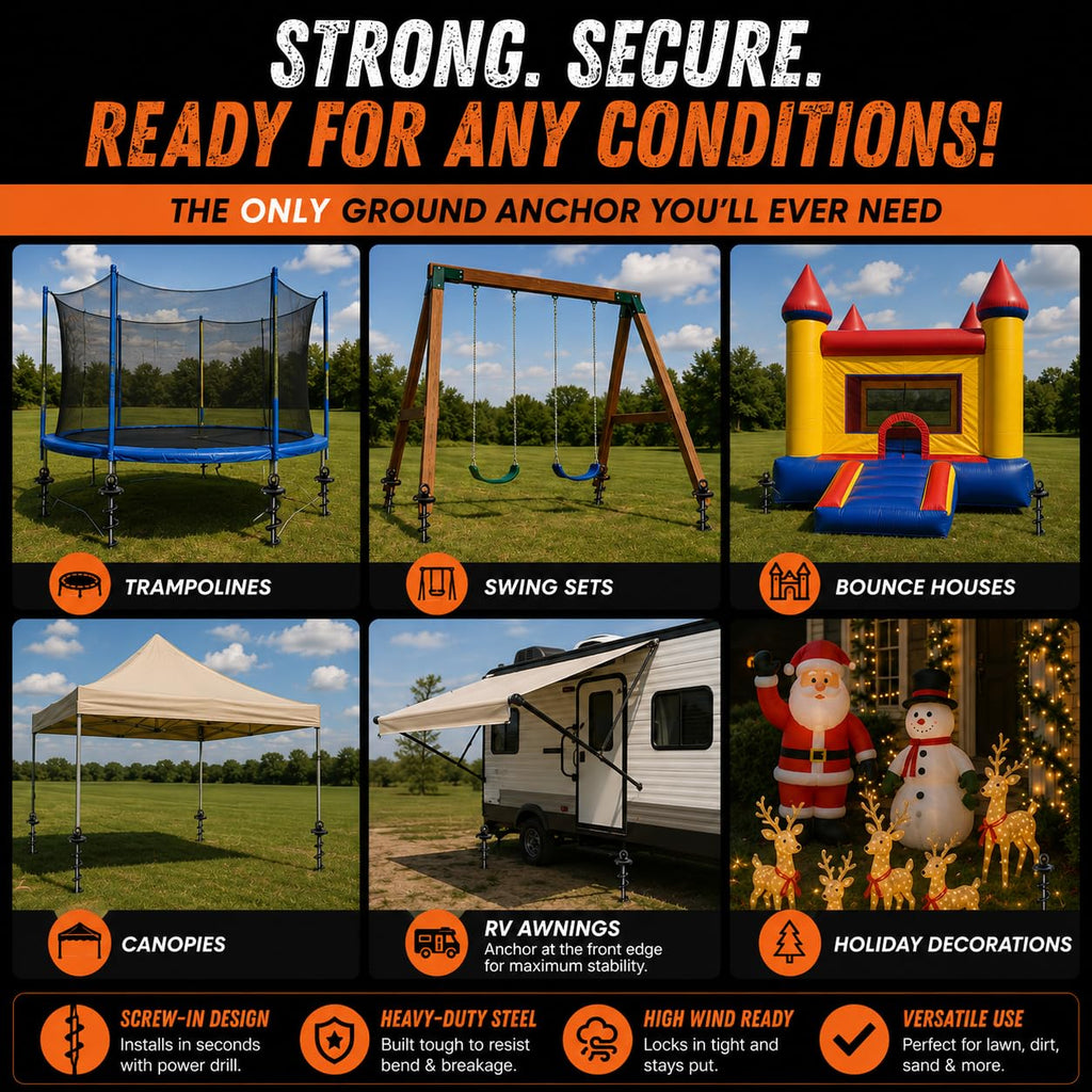 Ground Anchors Screw in Heavy Duty - 4 Pack with Power Nut Driver Drill Bit, Spiral Ground Stakes, Swing Set Anchors, Trampoline Tie Down Kit, High Wind Tent Stakes for Canopy, Car Port, RV Awning