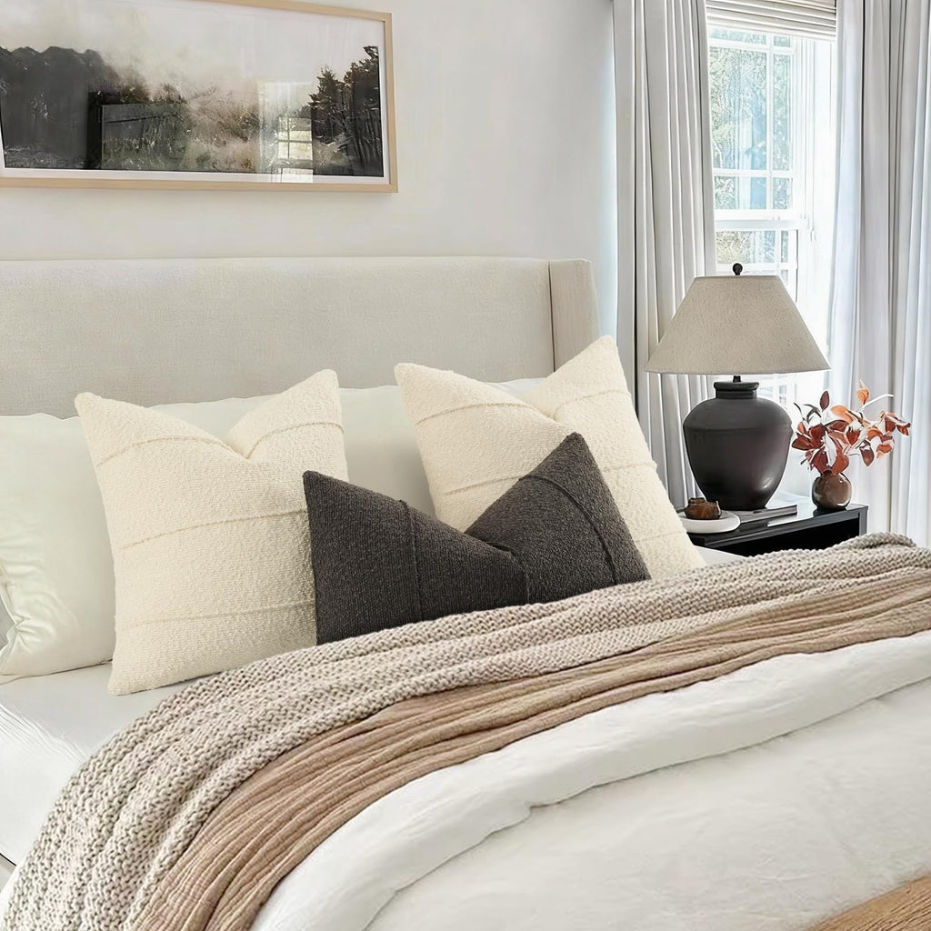 YCOLL Textured Boucle Throw Pillow Covers 20x20 Pack of 2 - Soft Neutral Striped Cushion Covers, Cozy Accent Decorative Pillow Covers for Couch, Sofa, Bed, Living Room (Beige)
