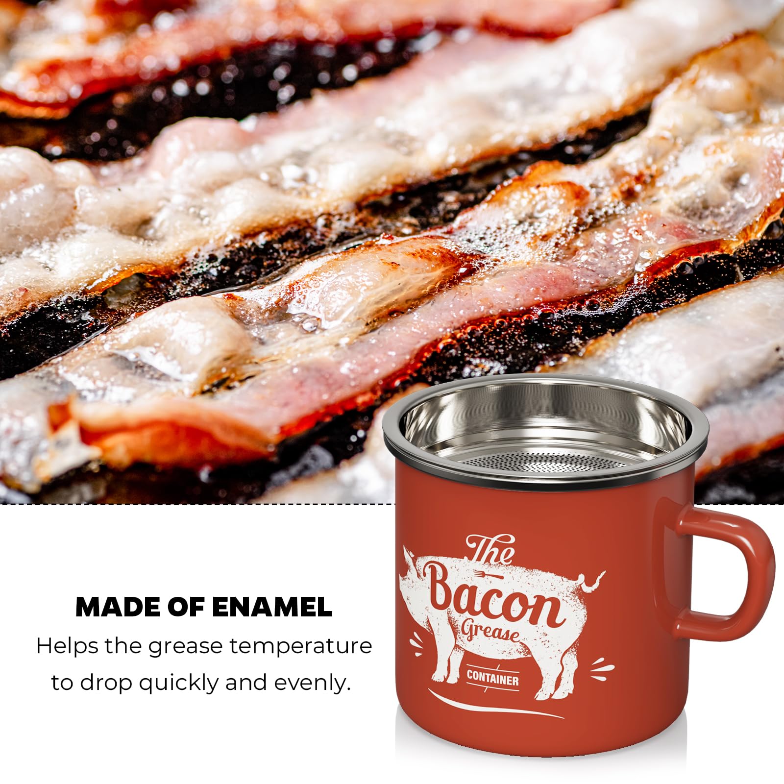 PGYARD Mini Bacon Grease Container With Strainer - 15OZ Enamel Grease Saver, Farmhouse Bacon Grease Keeper For Kitchen Fat Storage, Dishwasher Safe-Red