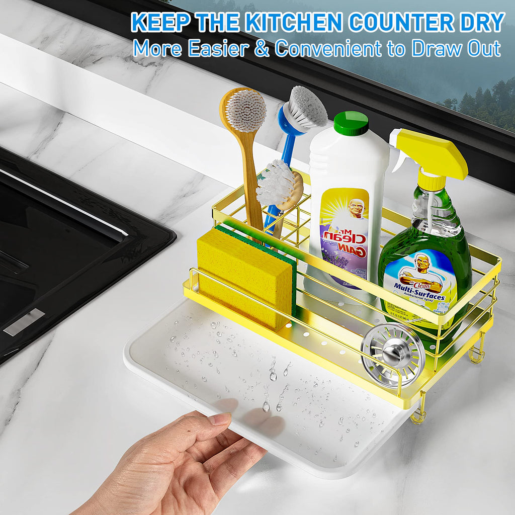 Cisily Black Sponge Holder for Kitchen, Sink Caddy Sink Organizer Rack for Kitchen Accessories with Drip Tray, Rustproof and Non-slip, Soap Dispenser Countertop Organizer Essentials for New Home