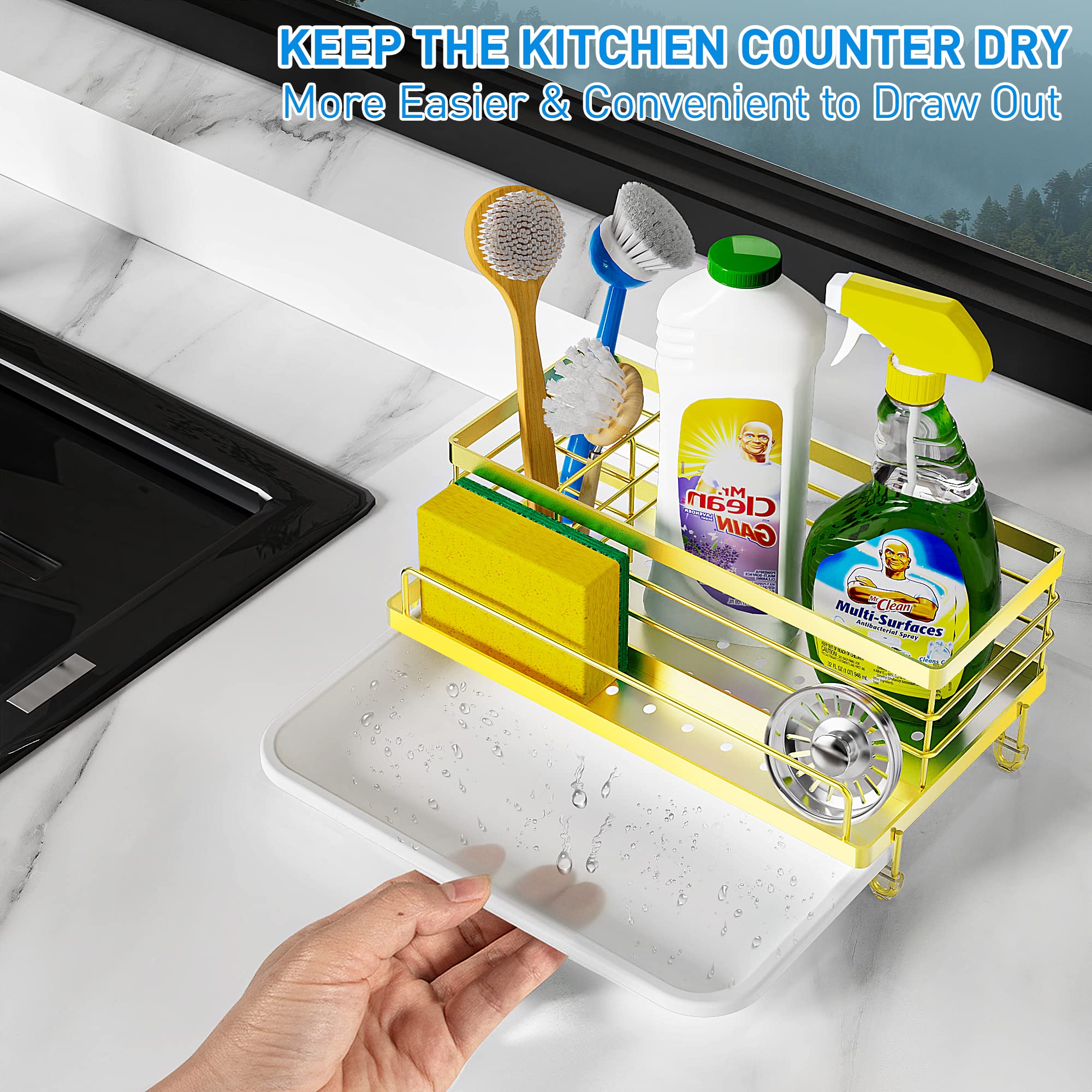 Cisily Black Sponge Holder for Kitchen, Sink Caddy Sink Organizer Rack for Kitchen Accessories with Drip Tray, Rustproof and Non-slip, Soap Dispenser Countertop Organizer Essentials for New Home