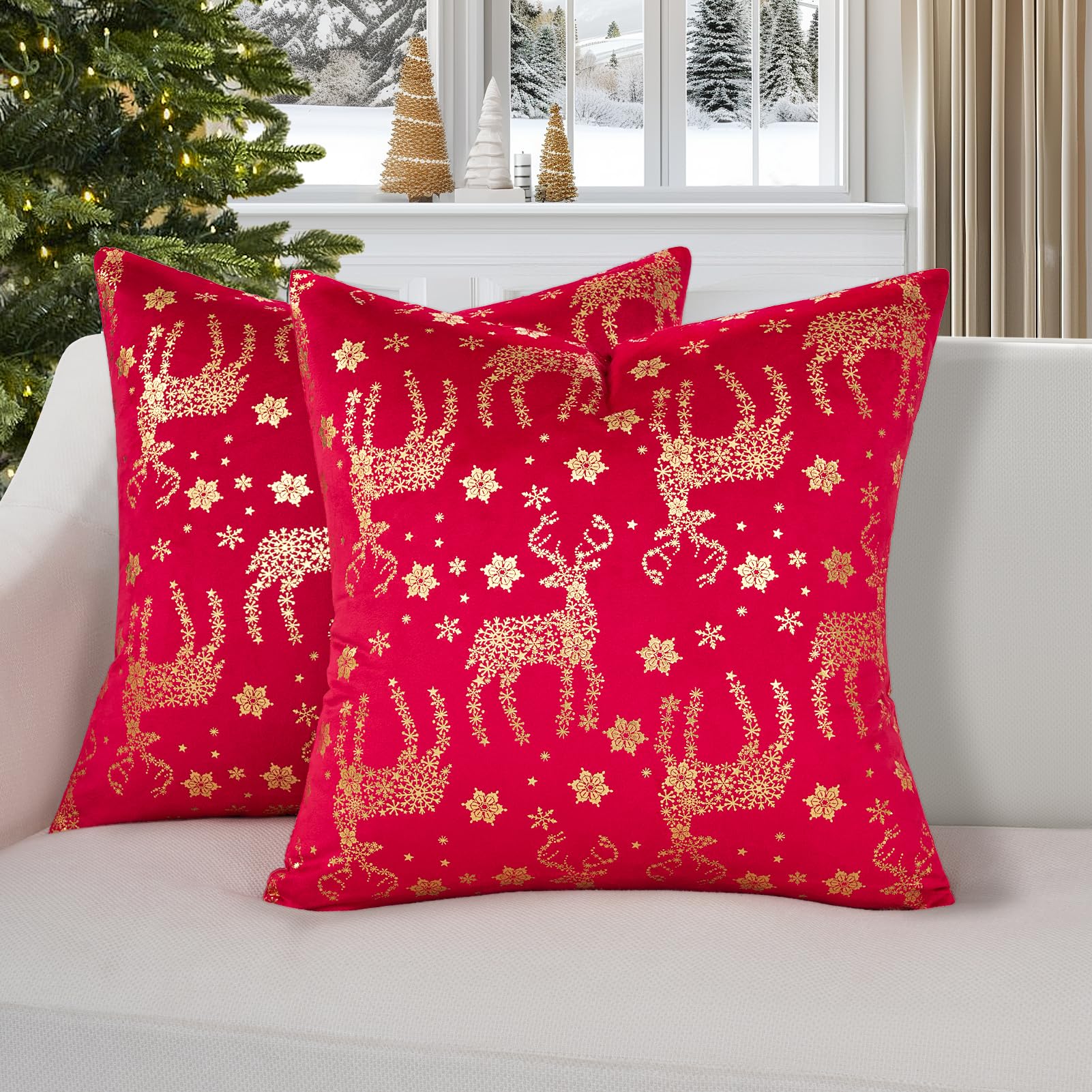 Topfinel Christmas Pillow Covers 18x18 Set of 2,Xmas Cream Velvet Snowflake Reindeer Decorative Pillow Case Winter Holiday Decor for Home Couch,White and Gold