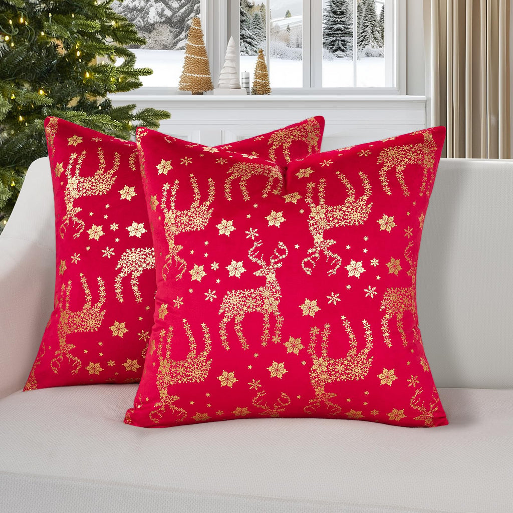 Topfinel Christmas Pillow Covers 18x18 Set of 2,Xmas Cream Velvet Snowflake Reindeer Decorative Pillow Case Winter Holiday Decor for Home Couch,White and Gold