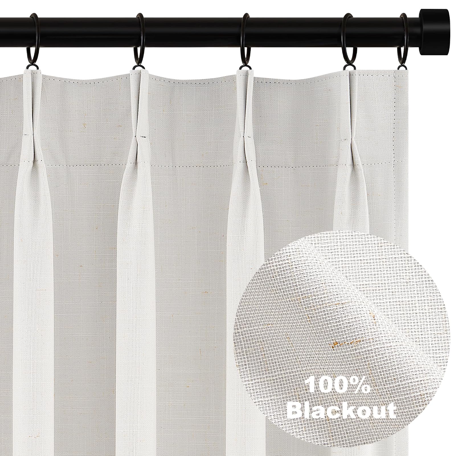 Topfinel Pinch Pleated Curtains 96 Inch Long, 100% Blackout Thermal Insulated Natural Linen Pinch Pleat Viral Drapes with Hooks Rings 2 Panel Sets, Neutral Beige Ivory 8FT Back Tab Window Curtains