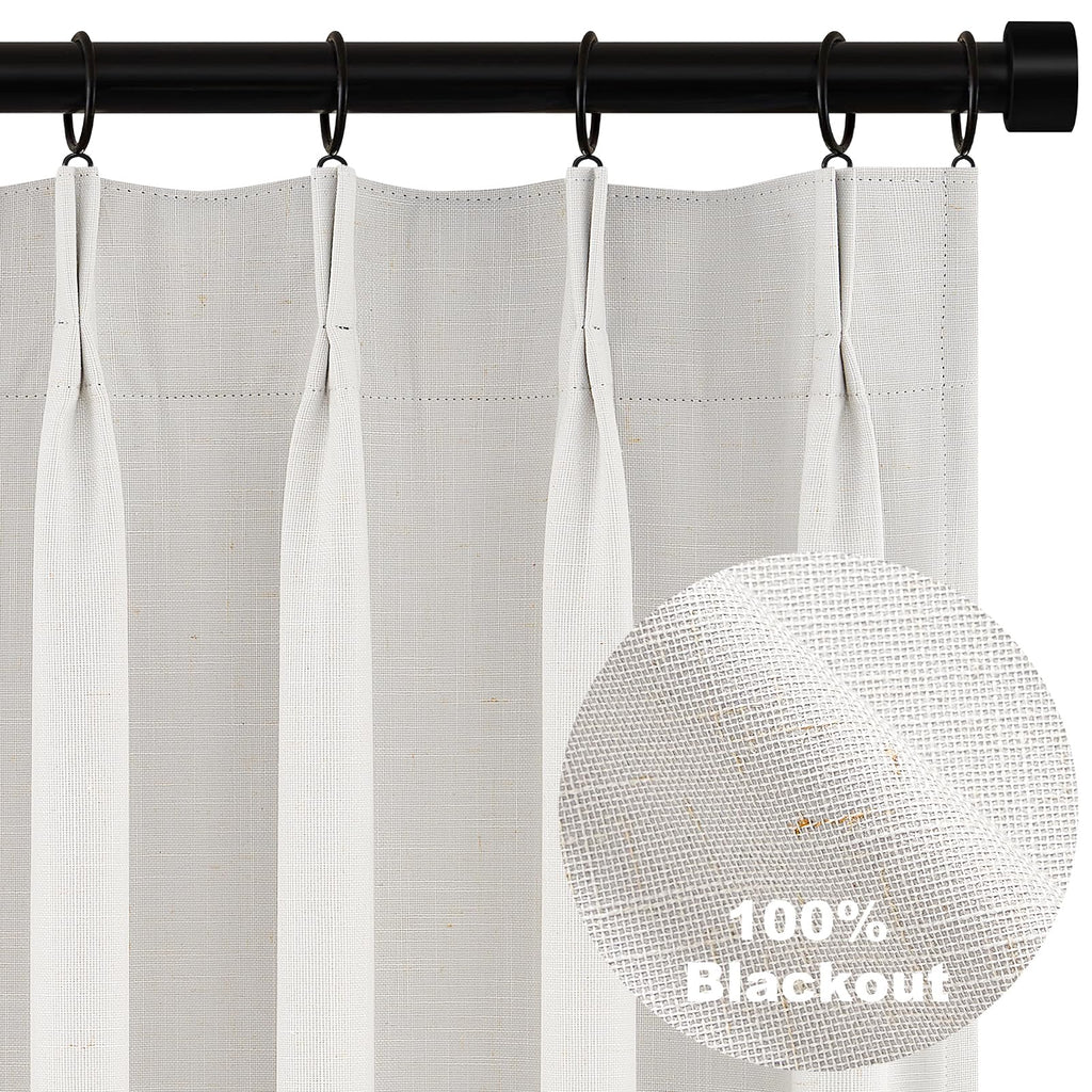 Topfinel Pinch Pleated Curtains 96 Inch Long, 100% Blackout Thermal Insulated Natural Linen Pinch Pleat Viral Drapes with Hooks Rings 2 Panel Sets, Neutral Beige Ivory 8FT Back Tab Window Curtains