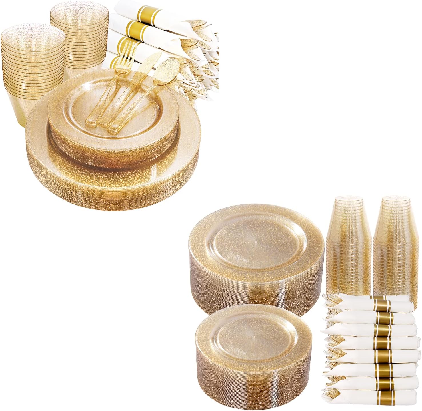 DaYammi 462 Pieces Gold Glitter Dinnerware Set 66 Guest for party- 66 Dinner Plates, 66 Dessert Plates -66 Per Rolled Napkins with Gold Cutlery - 66 Disposable Cups 9 OZ