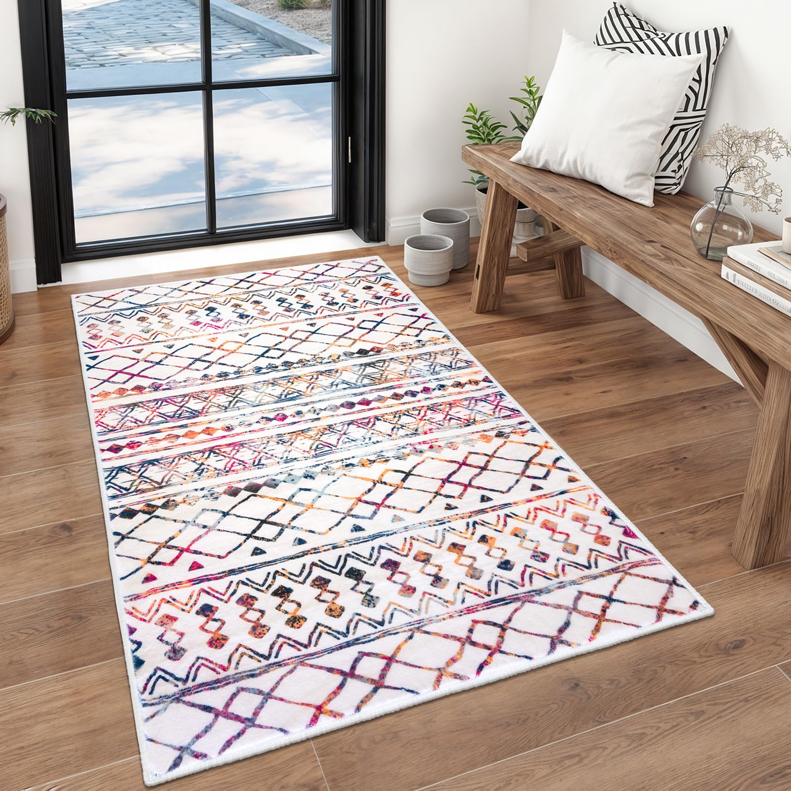 KUTA Washable Non-Slip Rugs for Entryway 2x3, Grey Moroccan Boho Small Area Rug, Ultra Soft Vintage Geometric Low-Pile Indoor Door Mat Floor Carpet for Indoor, Entrance, Kitchen, Bathroom, Bedroom
