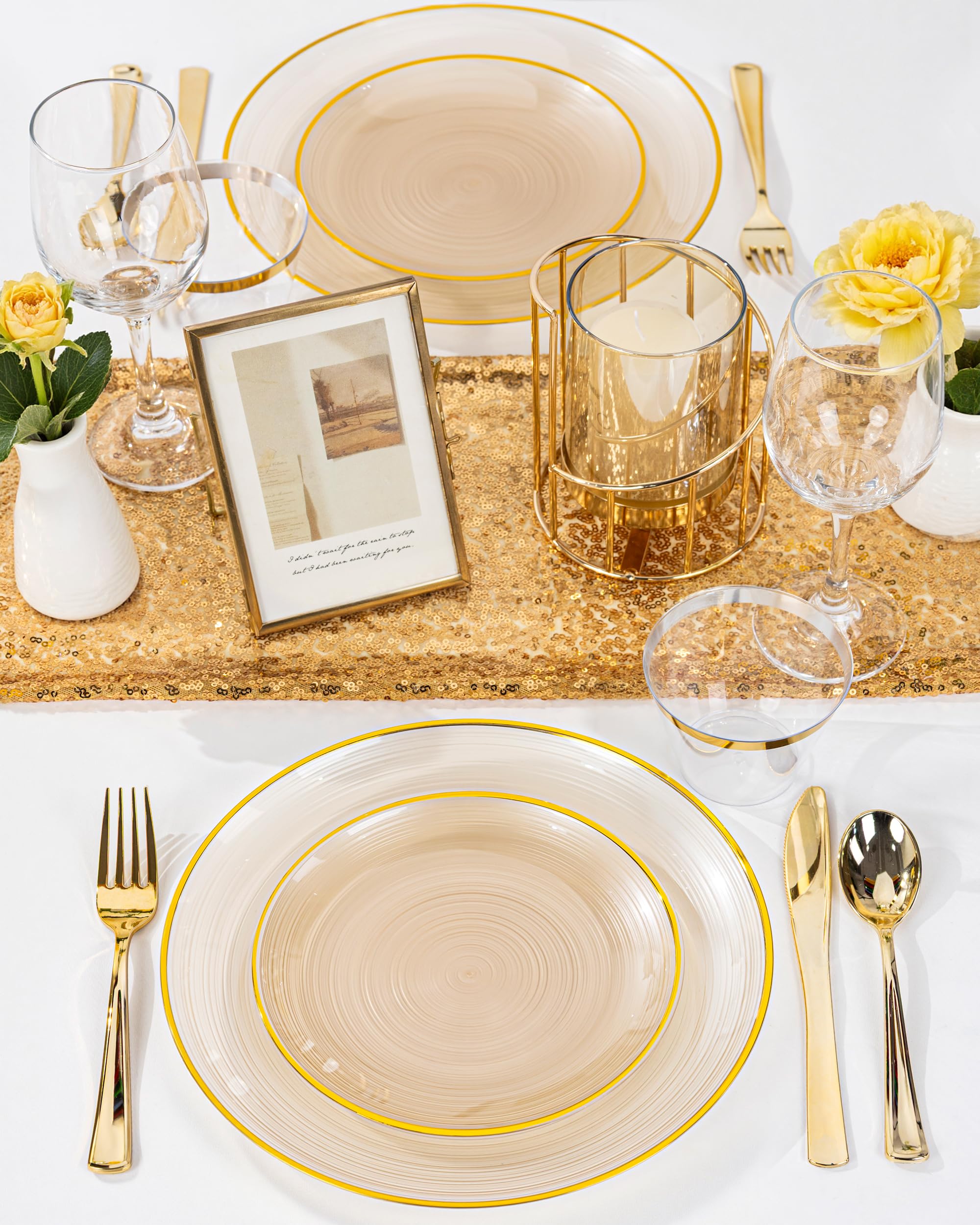 Morejoy 60Pcs Brown Plastic Plates,Brown Disposable Plates With Gold Rim, Gold Party Dinnerware Set Include 30 Dessert plates,30 Dinner plates for Party & Wedding
