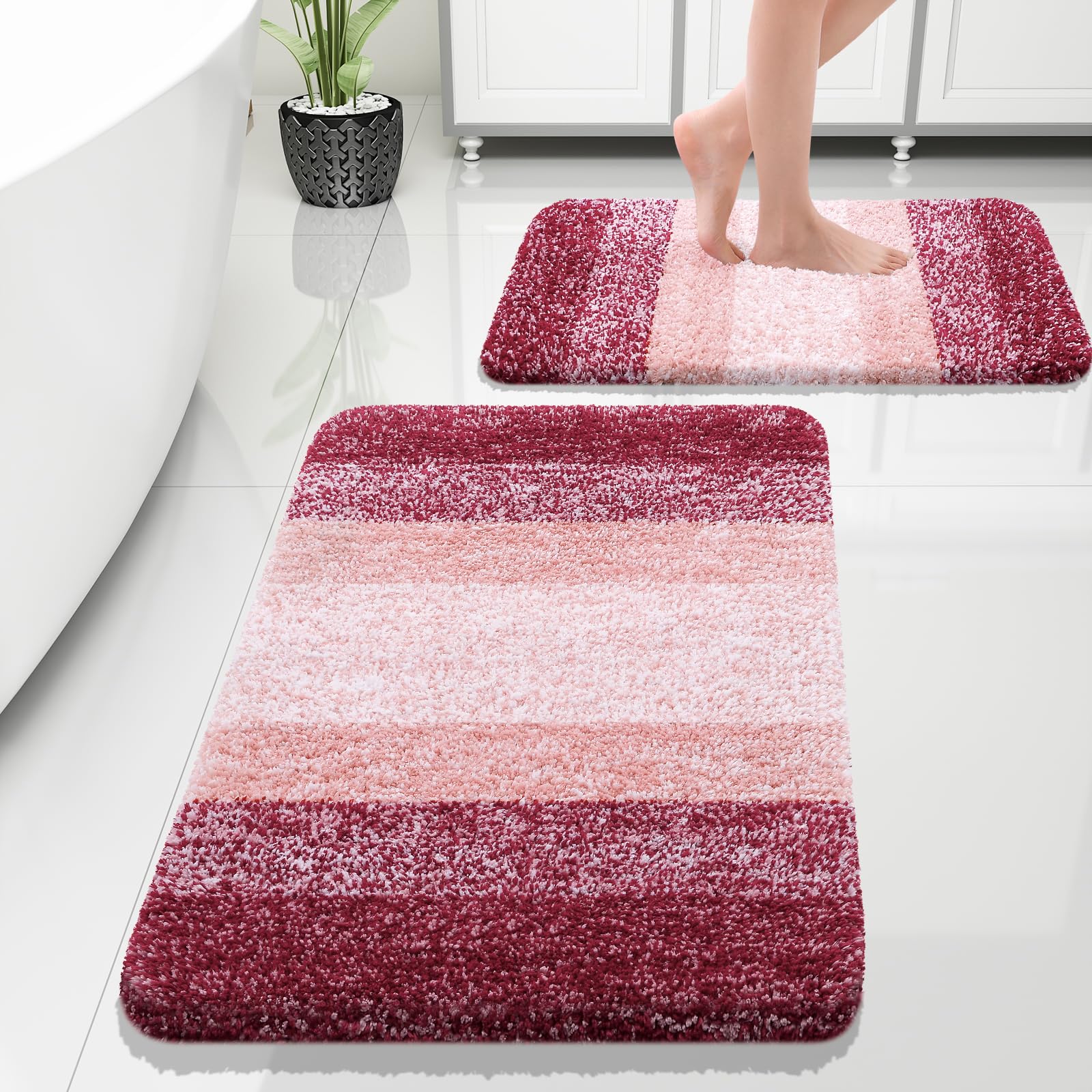 OLANLY Bathroom Rug Set 2 Piece, Soft Absorbent Microfiber Bath Mats and U-Shaped Contour Toilet Rug, Non-Slip, Machine Wash Dry, Plush Shaggy Bath Mats for Bathroom (24"x16"+24"x20", Grey)