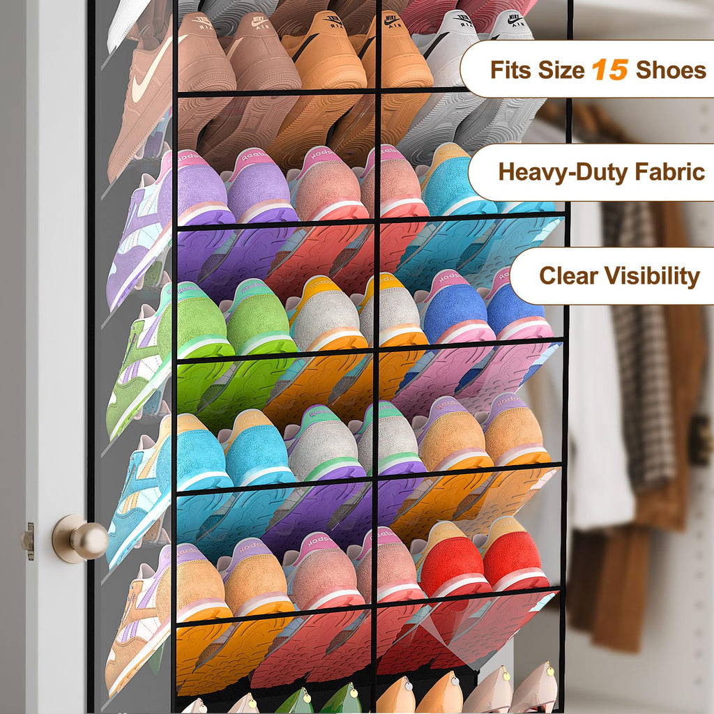 UVIAHOMI 20-30 Pairs Over the Door Shoe Organizer, Clear Pockets Hanging Shoe Storage for Closet, 10-Tier Door Shoes Rack, Handing Shoes Holder Fit All the Family's Sneakers, Boots, Heels, Black