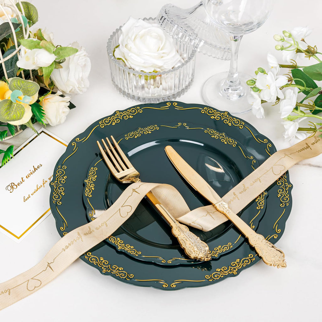 DaYammi 150Pcs Ivory Plastic Plates with Gold Rim,Disposable Plastic Plates Include 30 Dinner Plate,30 Salad Plate,30 Forks,30 Spoons,30 Knives,Ivory and Gold Plates for Party,Wedding,Mother's Day