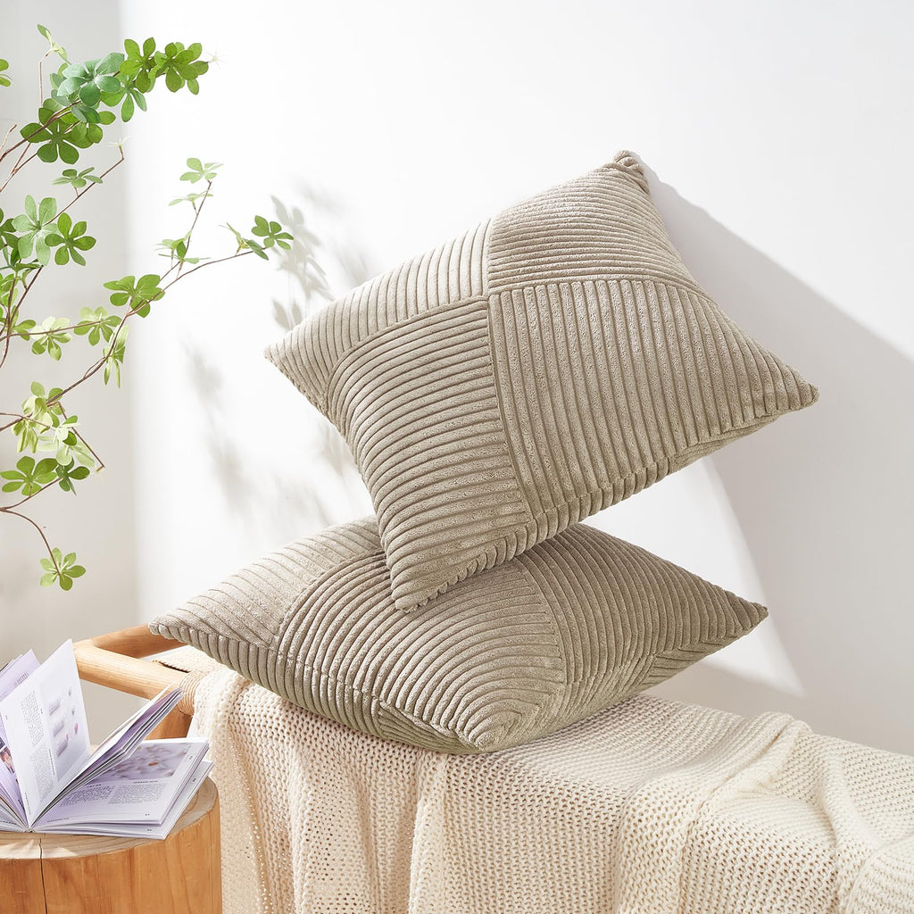 Topfinel Olive Green Decorative Throw Pillow Covers Set of 2 18x18 Inches for Couch Bed Sofa, Boho Aesthetic Home Decor, Soft Corduroy Striped Patchwork Windmill Textured Cushion Cases 45x45 cm