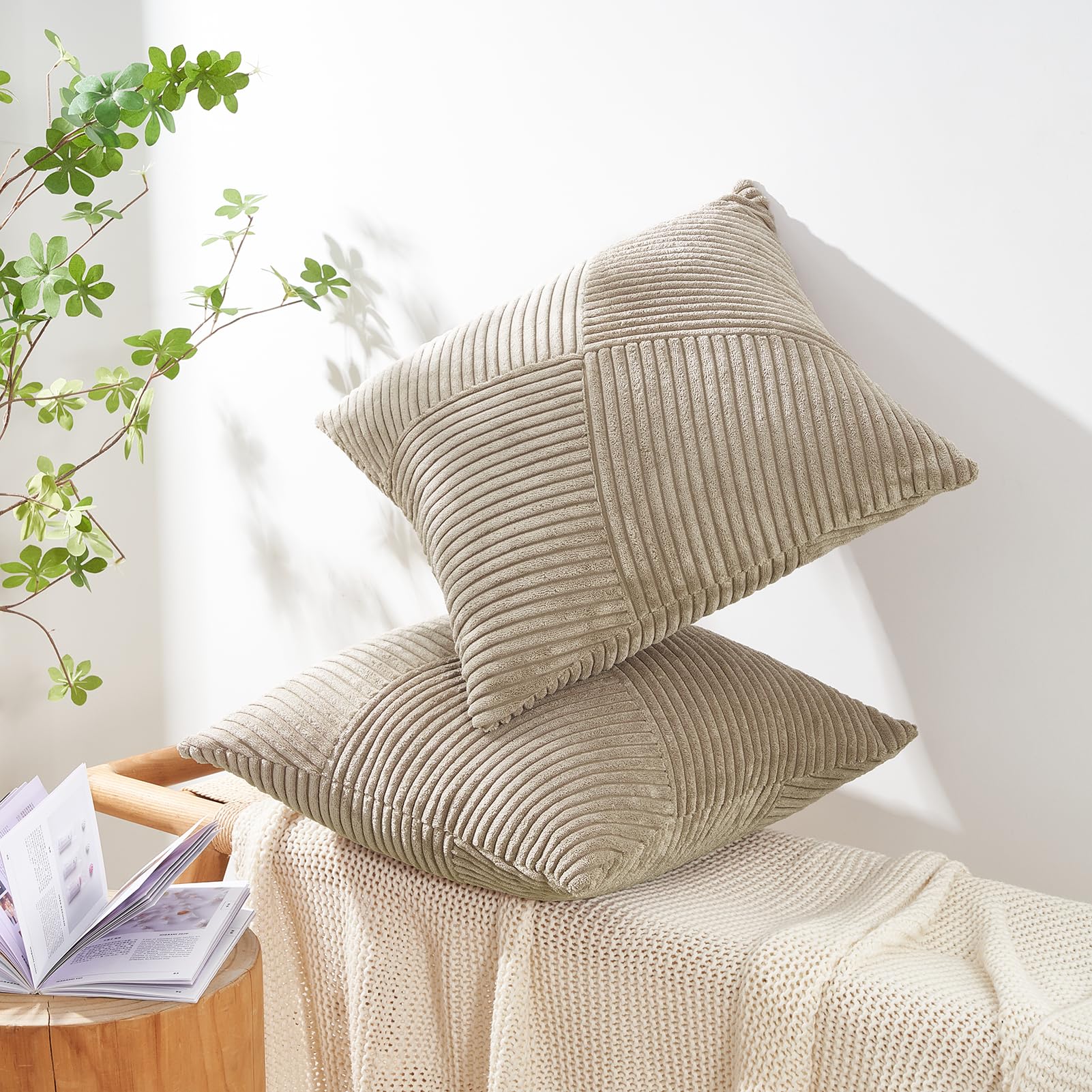 Topfinel Olive Green Decorative Throw Pillow Covers Set of 2 18x18 Inches for Couch Bed Sofa, Boho Aesthetic Home Decor, Soft Corduroy Striped Patchwork Windmill Textured Cushion Cases 45x45 cm
