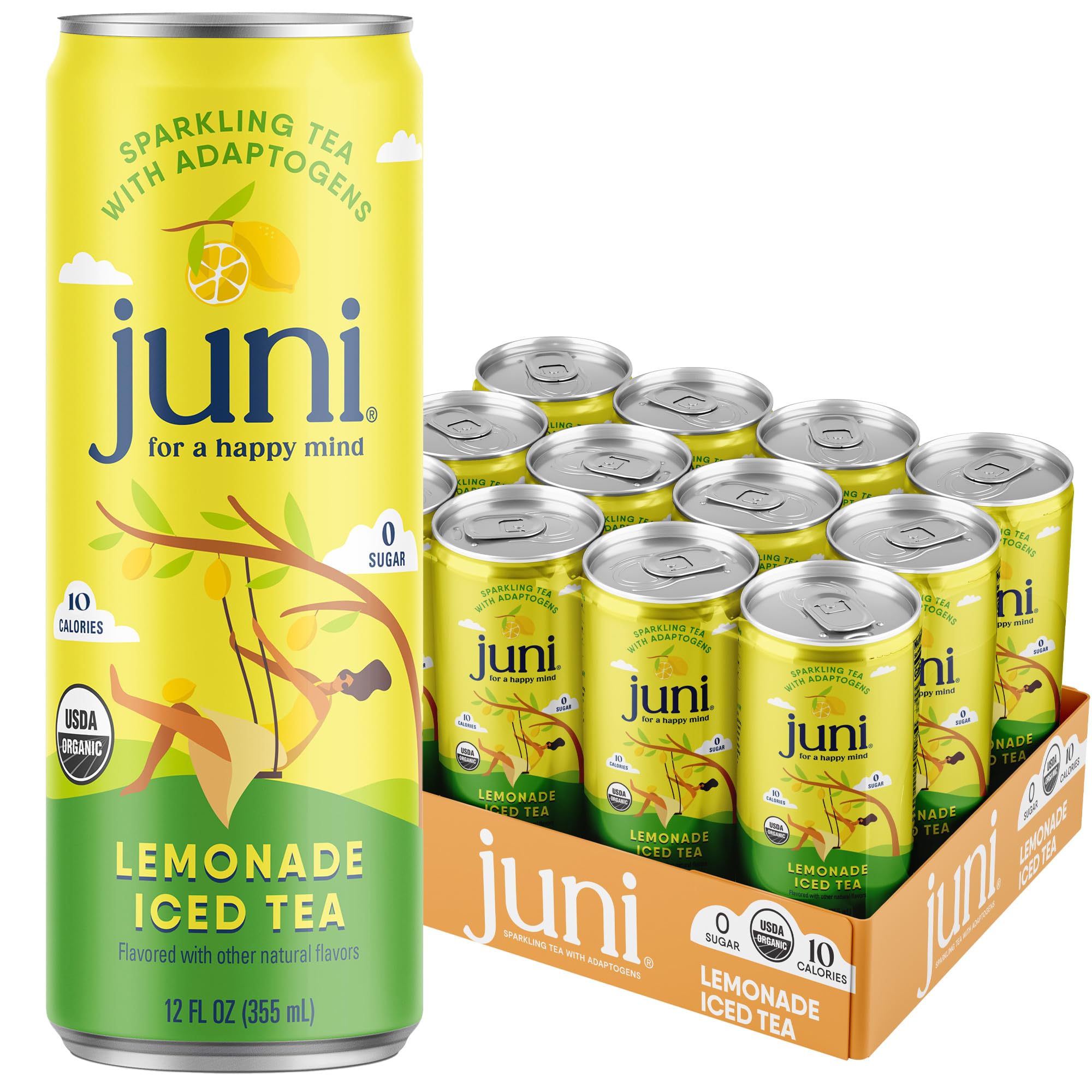 Juni Sparkling Adaptogen Drink with Ashwagandha, Lion’s Mane & Reishi Mushrooms | Green Tea for Focus, Zero Sugar, 5 Calories, Organic | Non Alcoholic Drinks - Variety Pack 12 pack