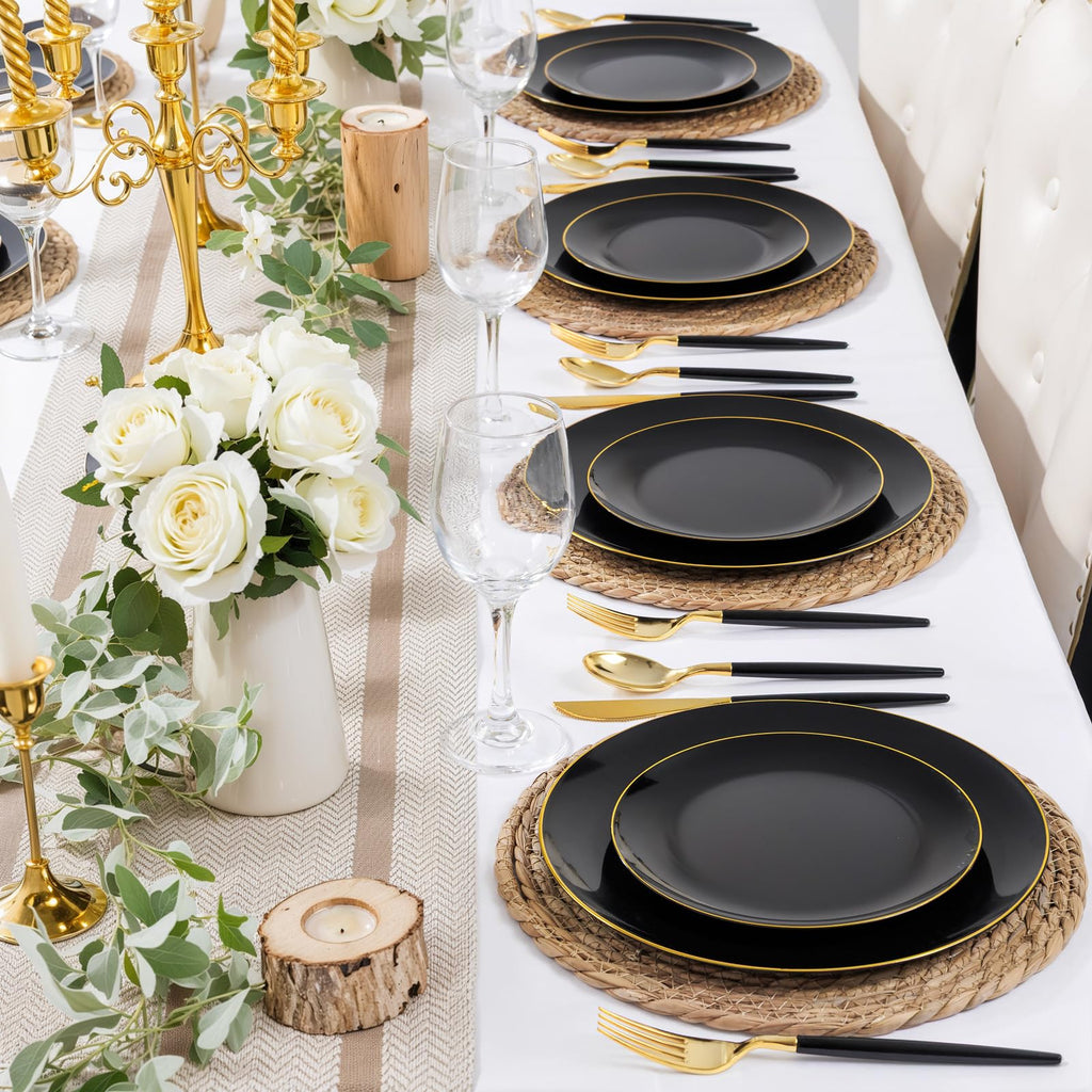 DaYammi 150Pcs Gold Plastic Plates with Disposable Silverware,White Gold Disposable Dinnerware Set - 30 Dinner Plate,30 Dessert Plate,90 Gold Cutlery with White Handles,Fancy Plates for Party Wedding