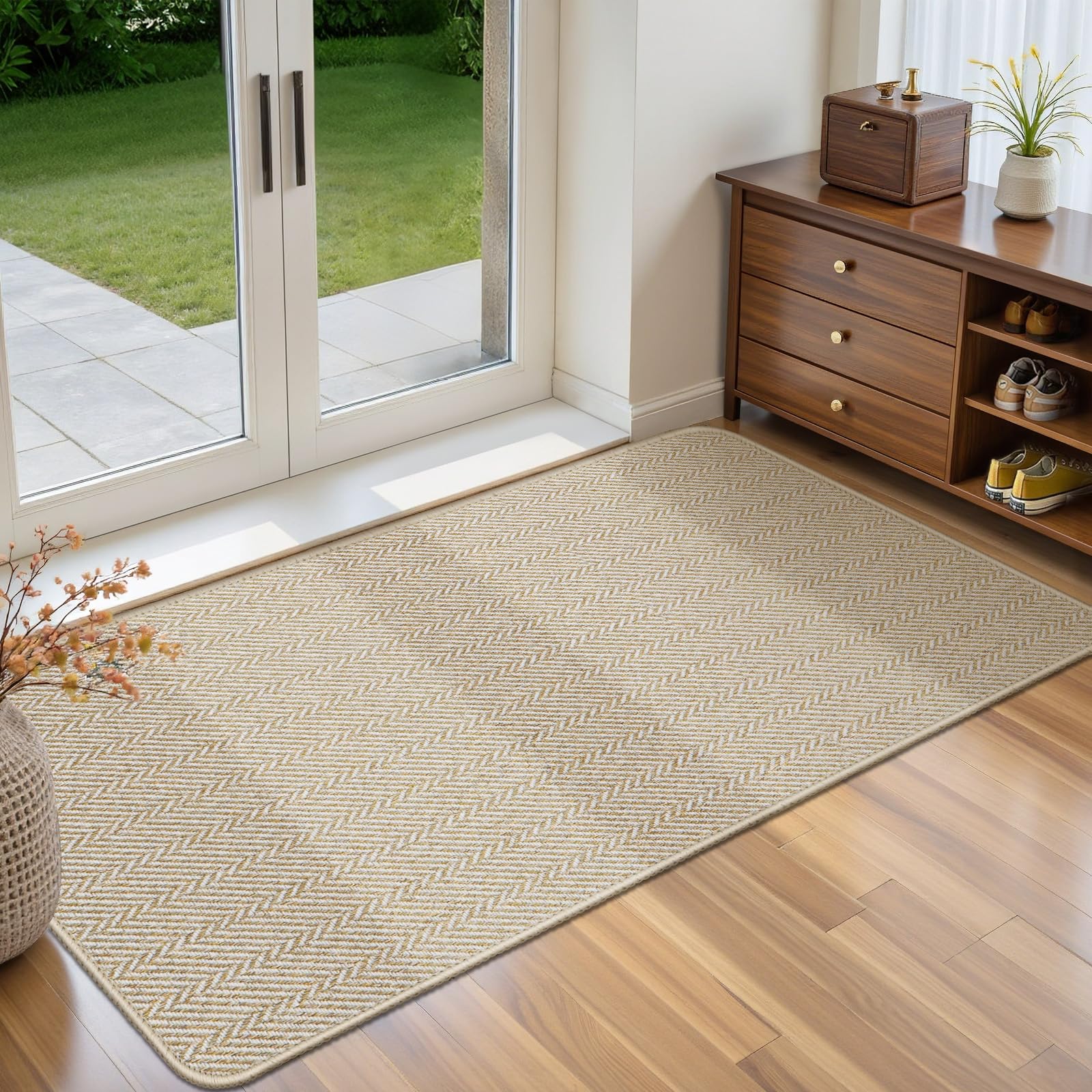 Ultra Thin Door Mat Indoor Entrance 17"x29", Low-Profile Indoor Door Mat, Non Slip Entry Mat Rubber Backing Unique Herringbone Design Inside Doormat Dirt Trapper Entryway Mats, Beige